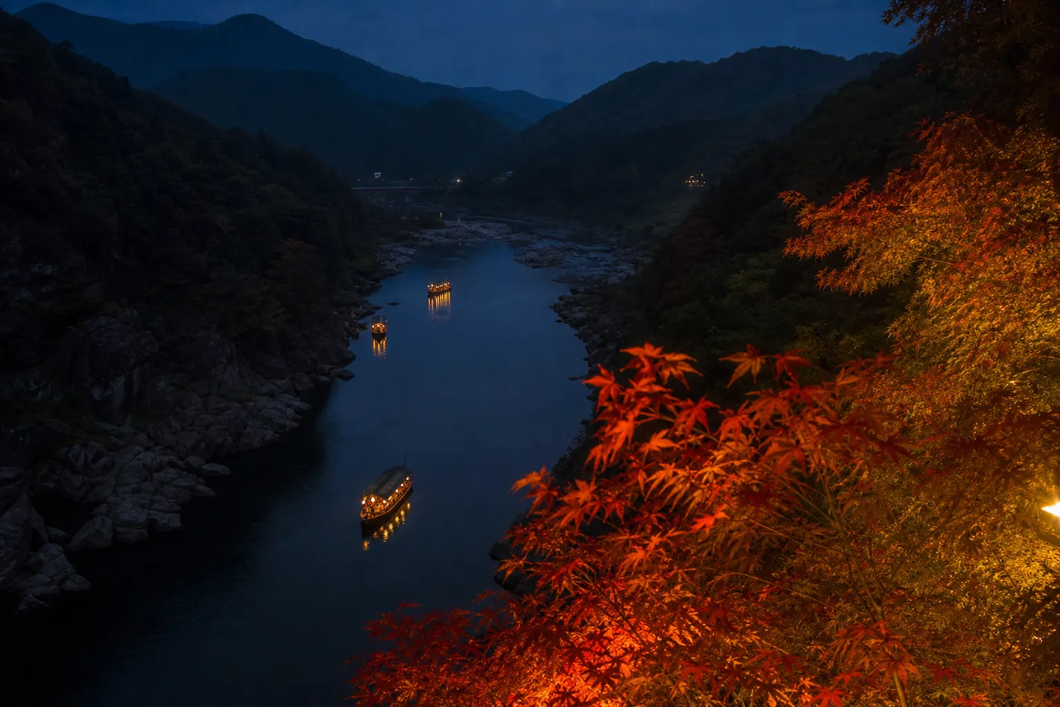 Distant view of illuminated viewing boats on a quiet Japanese river at night