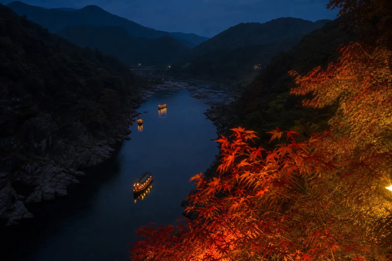 Distant view of illuminated viewing boats on a quiet Japanese river at night