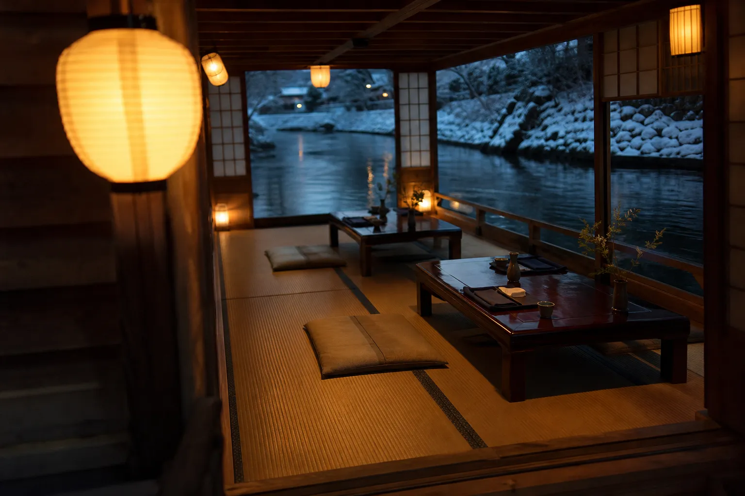 Interior of a luxury private viewing boat set for dinner on the river