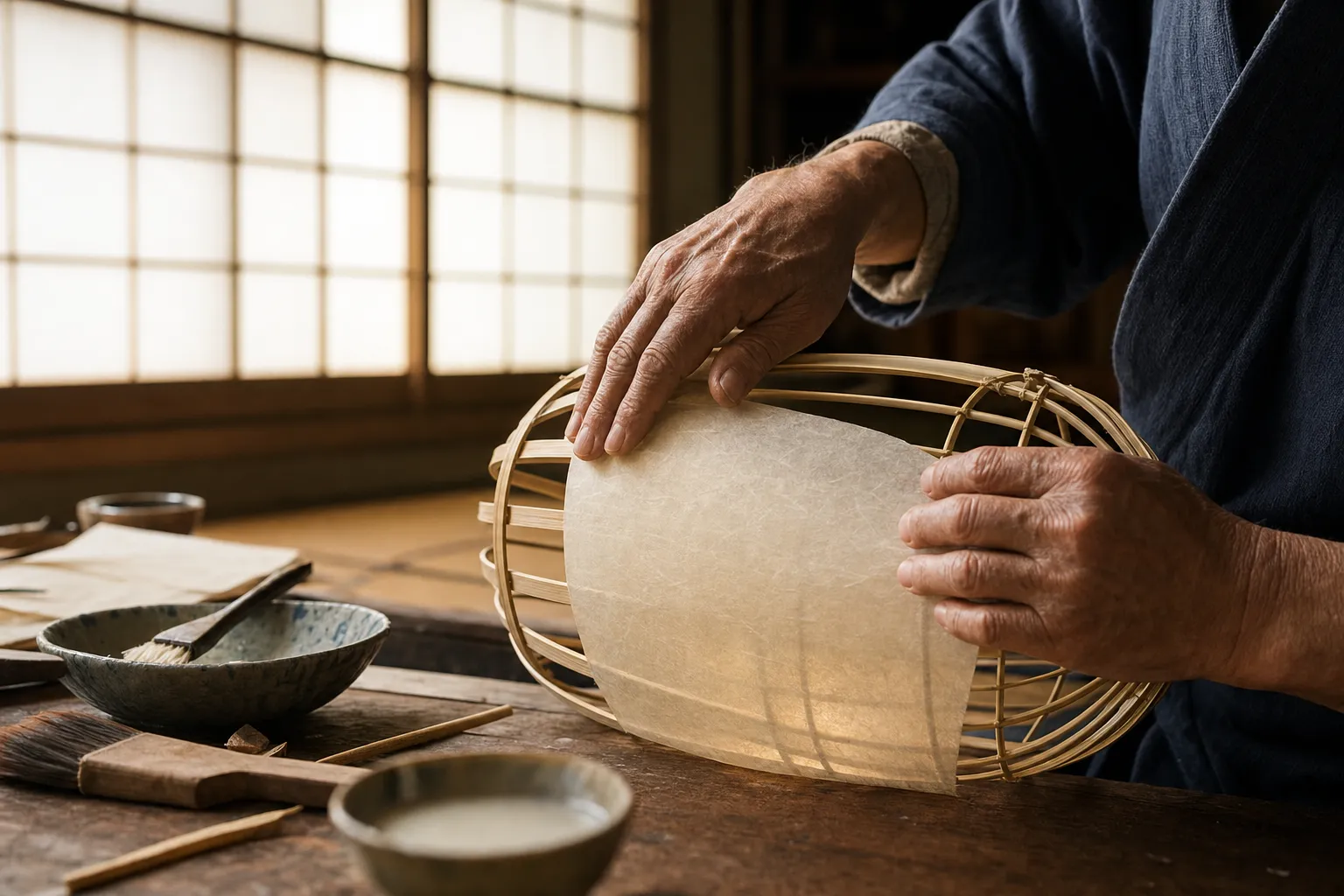 Master craftsman creating a traditional Gifu paper lantern
