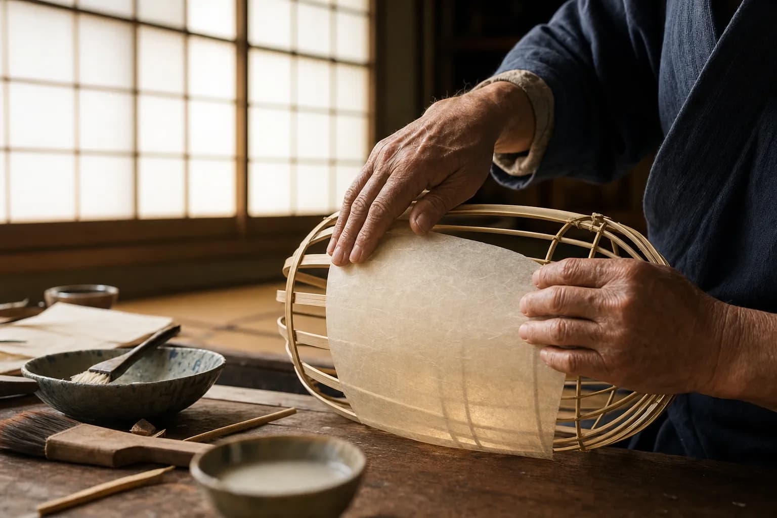 Master craftsman creating a traditional Gifu paper lantern