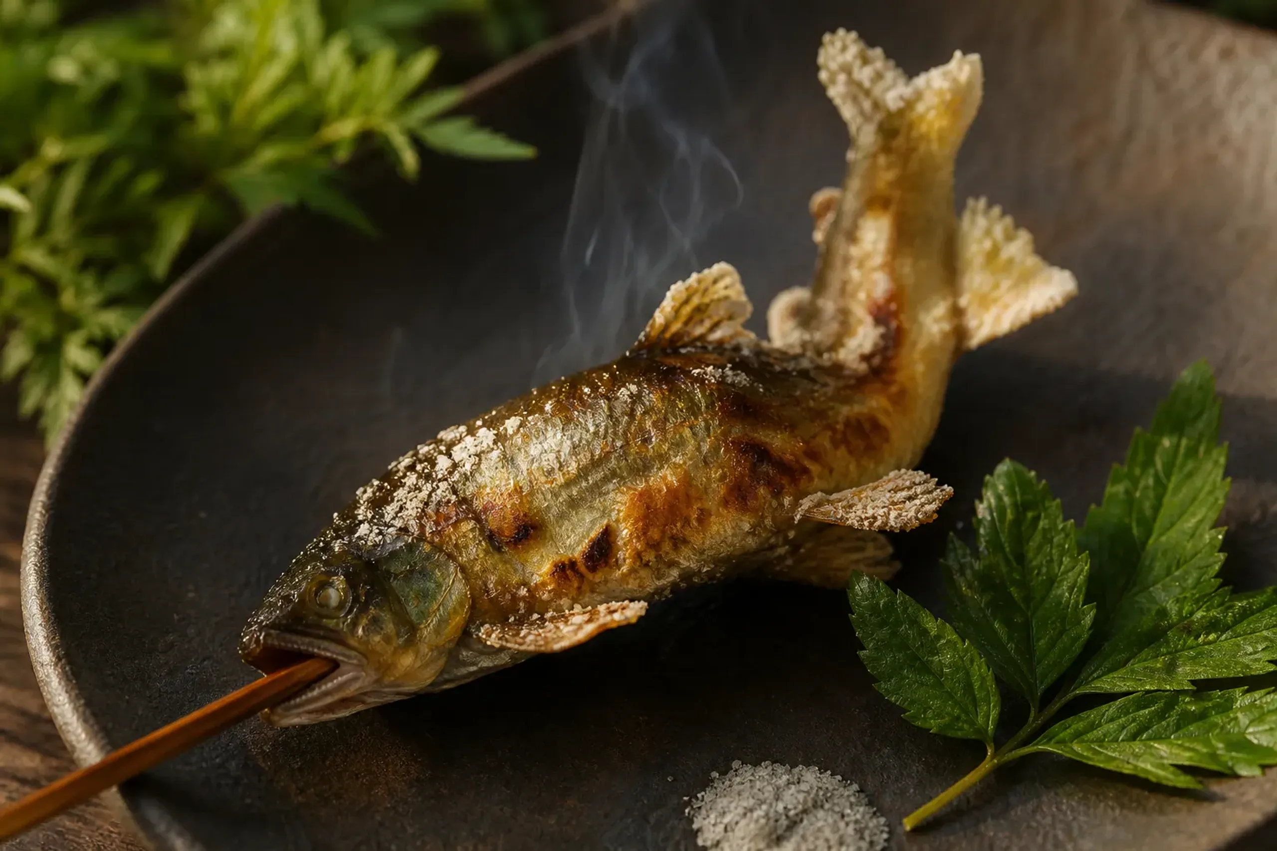 Charcoal-grilled ayu sweetfish served on a traditional Japanese plate