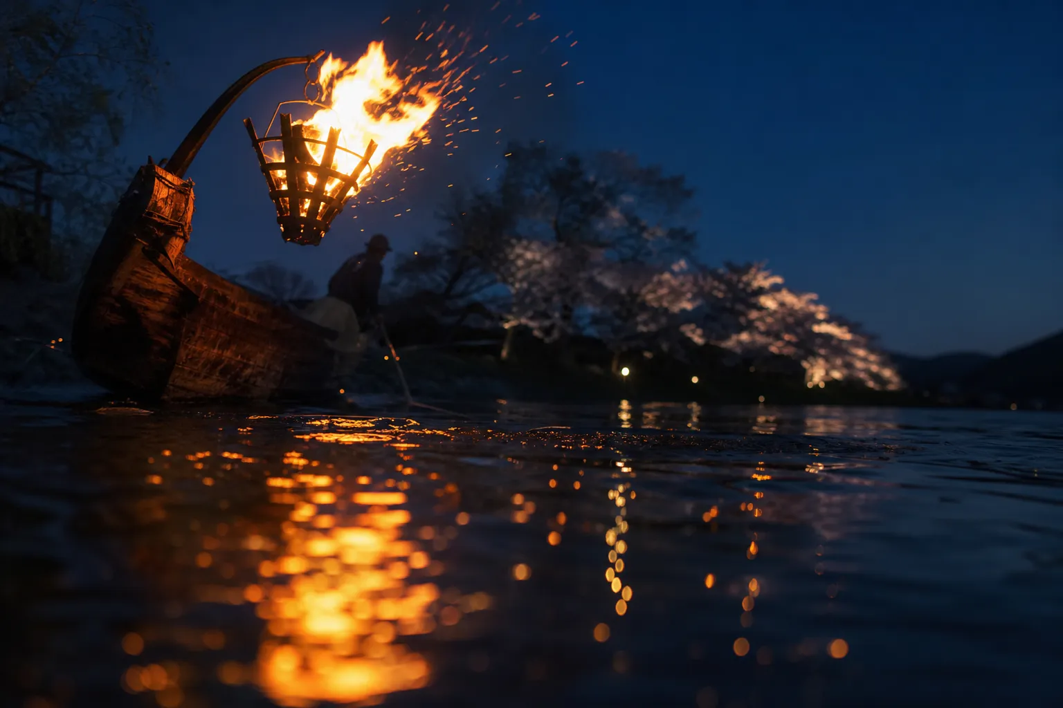 A pine torch burning in an iron basket suspended from the prow of a wooden cormorant fishing boat, casting flickering firelight across the dark currents of the Nagara River at twilight