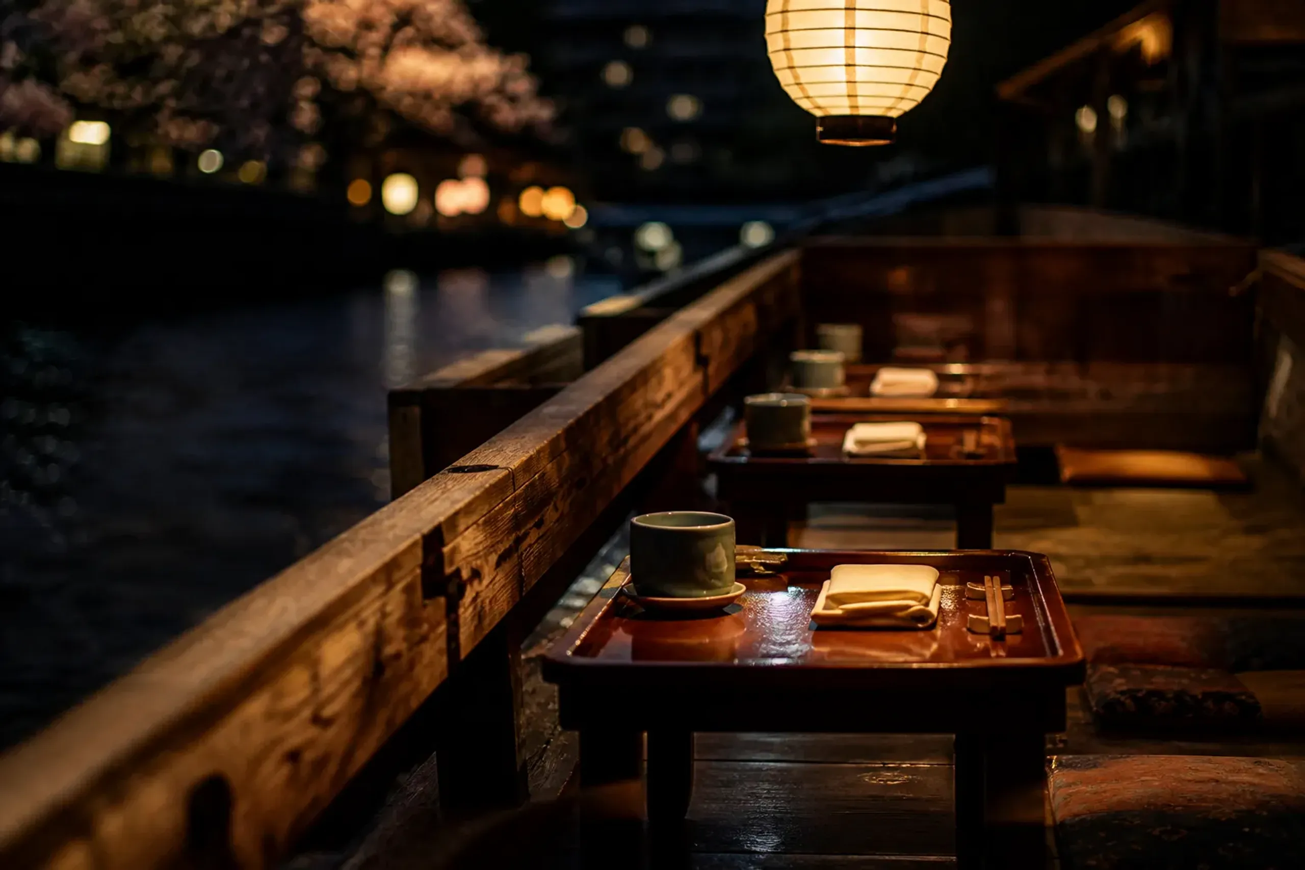 Traditional viewing boat on the Nagara River set with low tables and dinner place settings