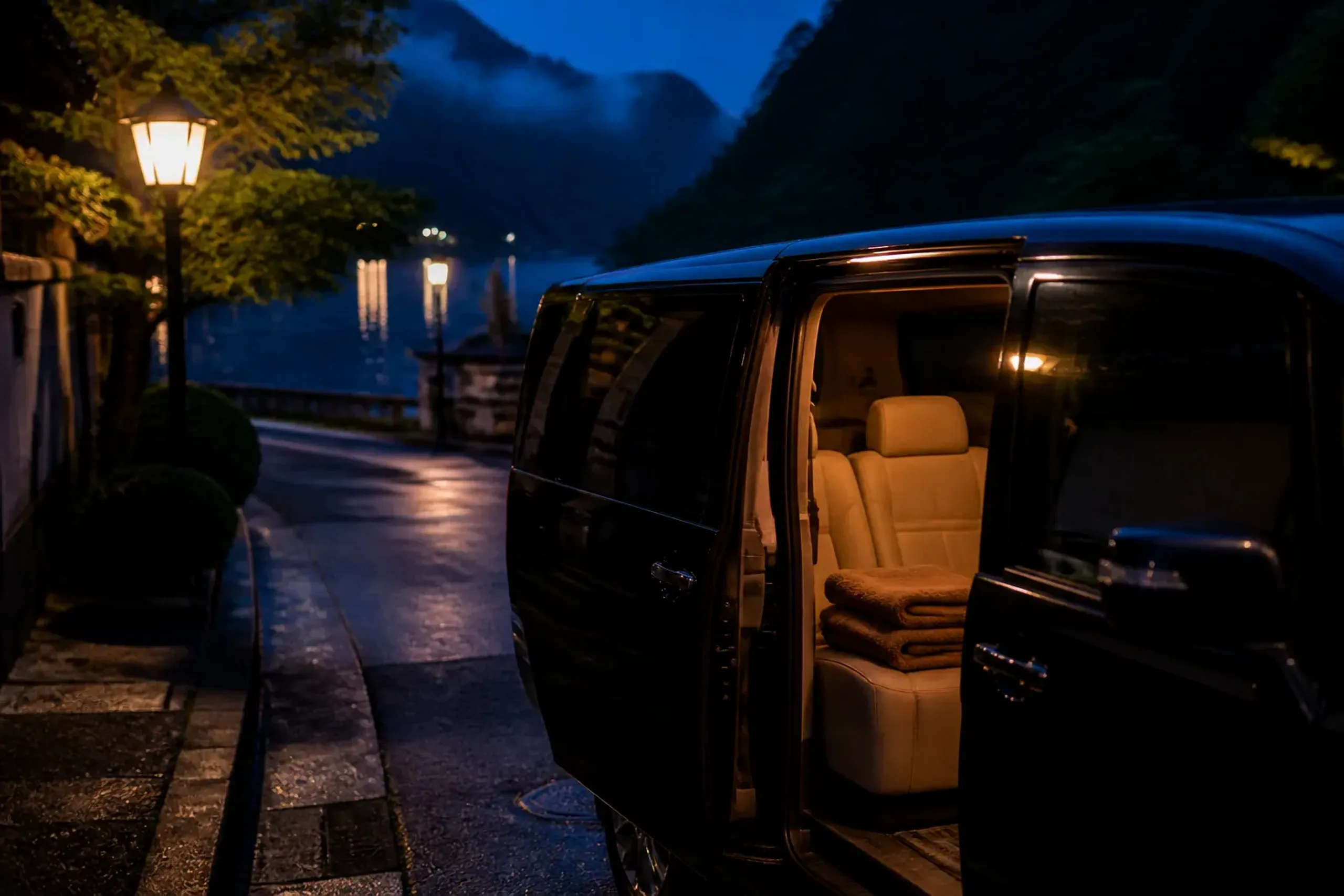Discreet chauffeured van at night with warm interior lighting after an evening on the river in Gifu