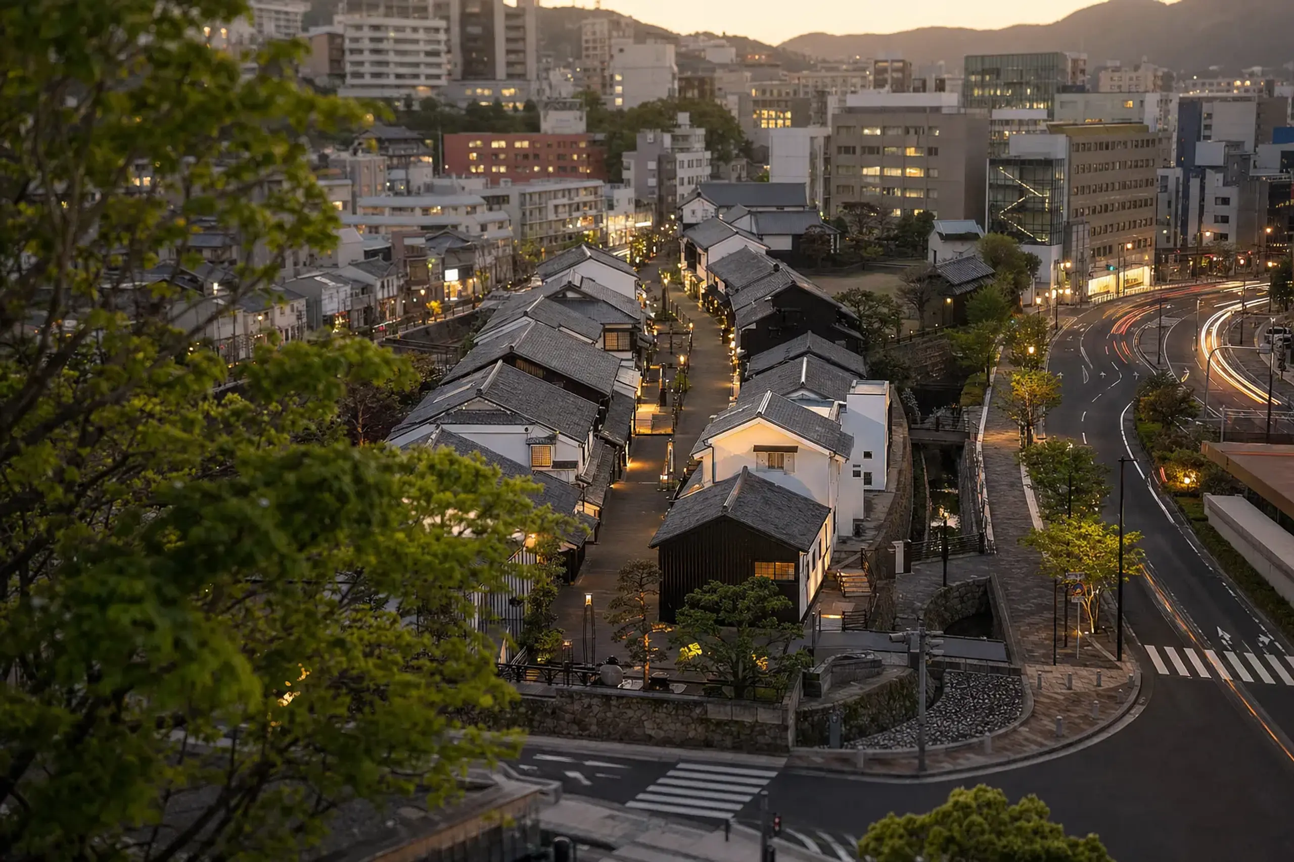 Reconstructed Dejima trading island in Nagasaki seen from above, surrounded by the modern city