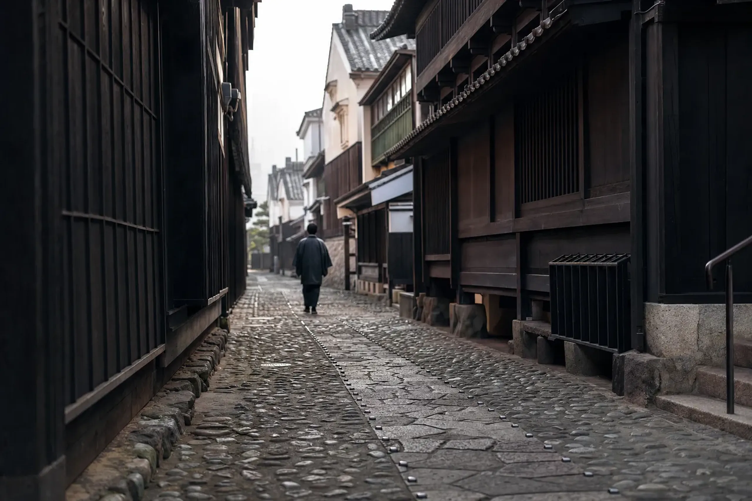 Narrow lane between reconstructed timber buildings at Dejima in Nagasaki