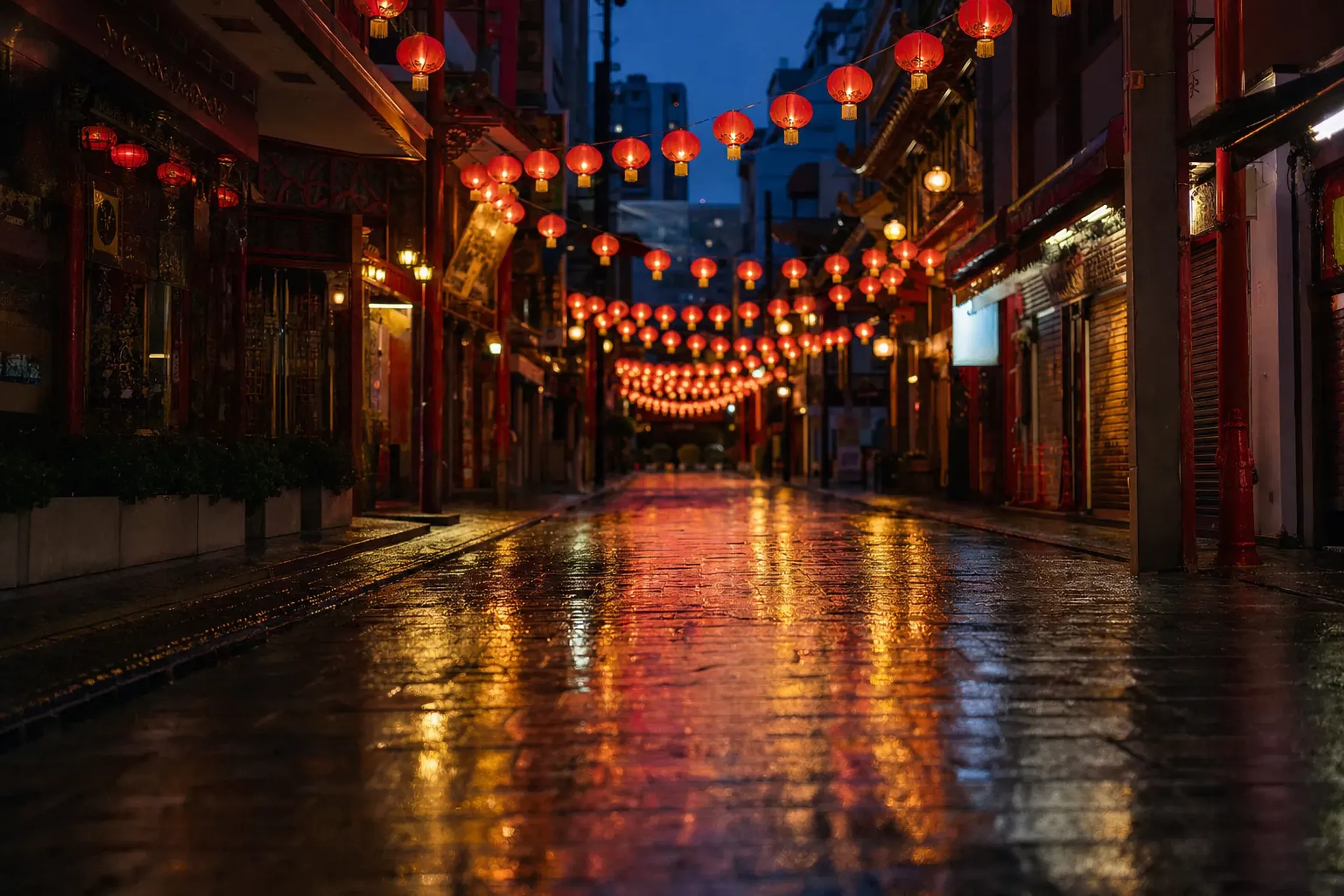 Dense clusters of glowing red and gold lanterns strung across the narrow paved cross-streets of Shinchi Chinatown in Nagasaki, reflecting on wet reclaimed-land stone