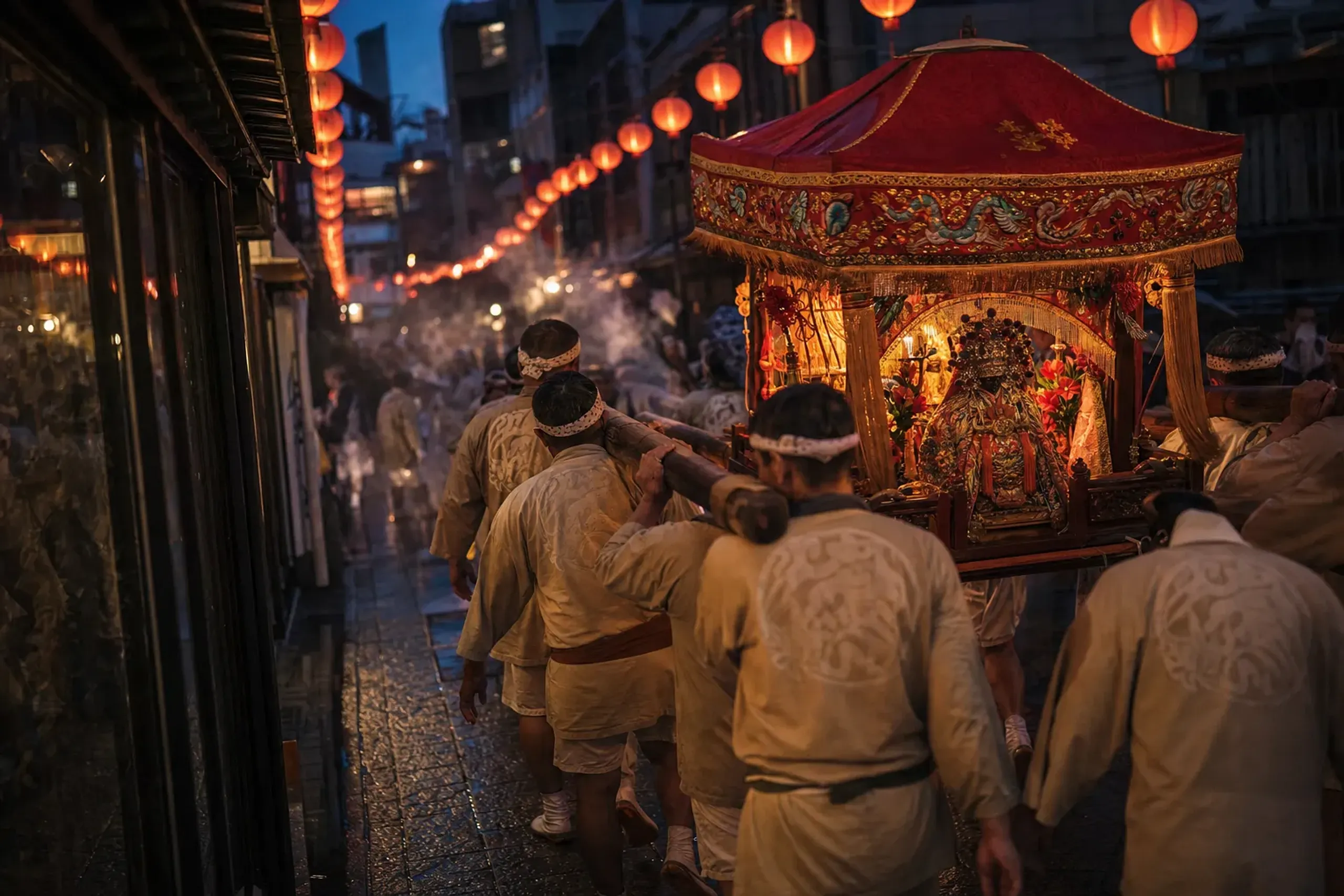 The Mazu Procession carrying the enshrined sea-safety goddess palanquin through modern Nagasaki streets, honoring the Edo-period ship crews