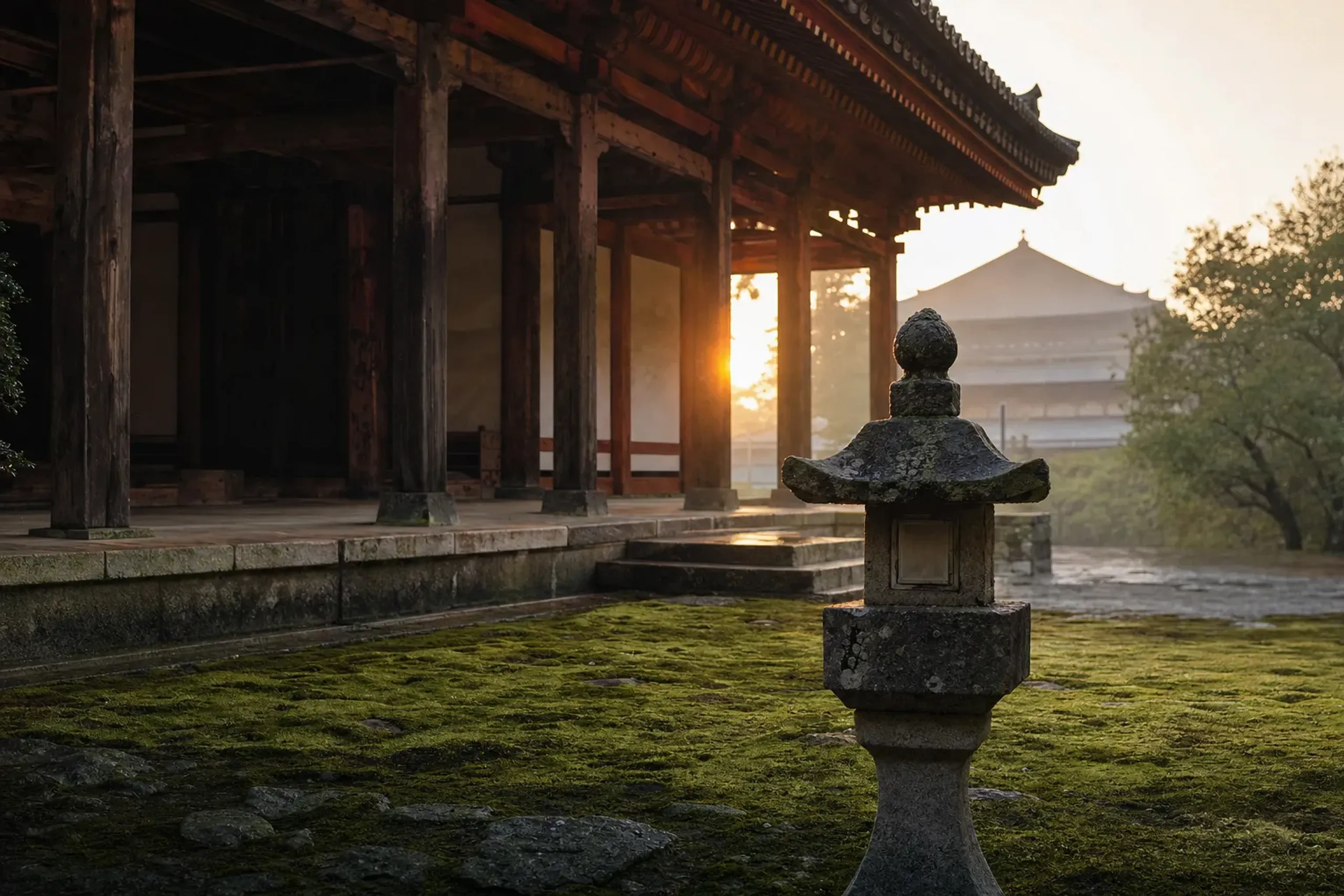 The moss-covered stone courtyard and weathered wooden main hall of Kōfuku-ji, an early 17th-century Ōbaku temple, in quiet early morning light