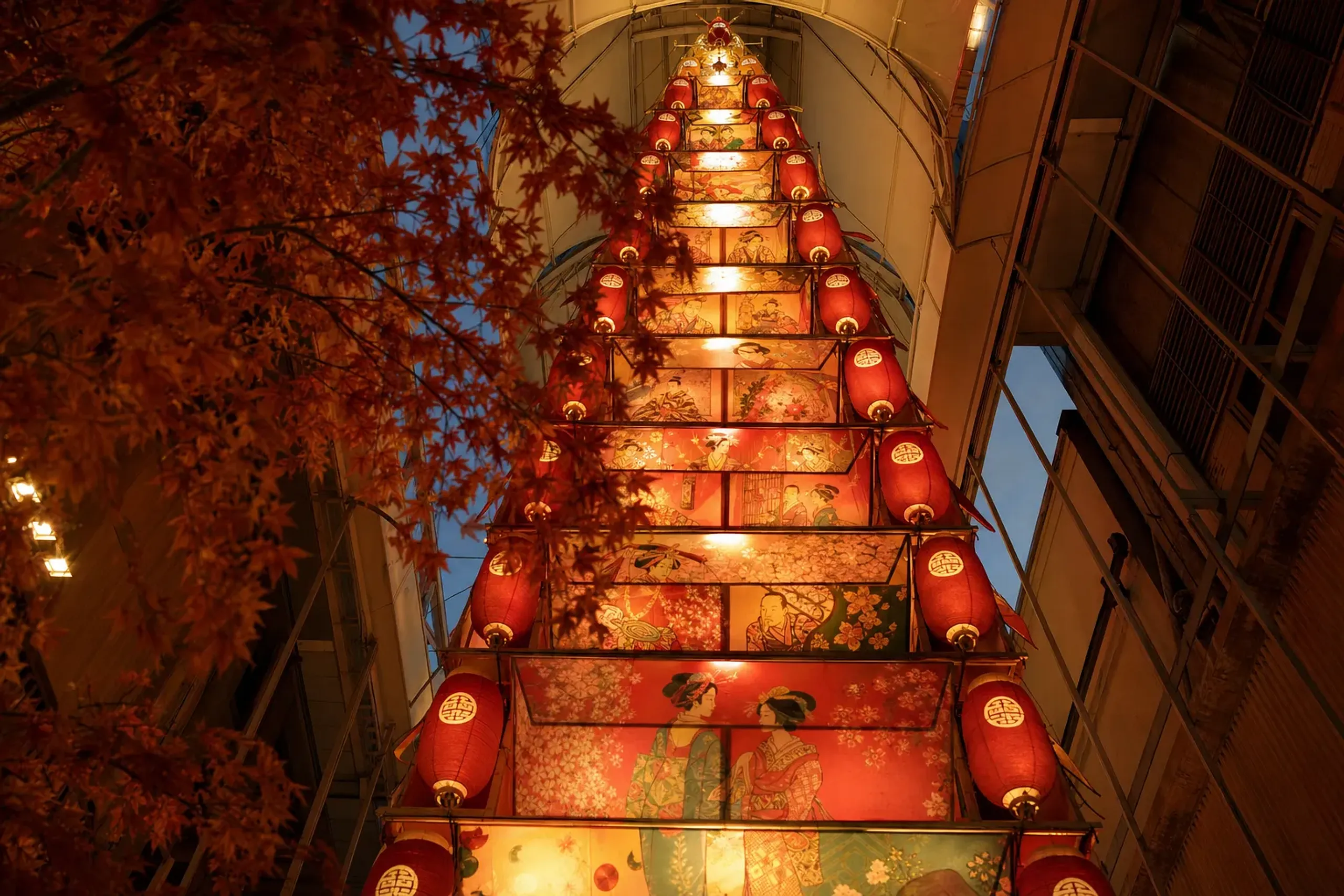 A towering 10-meter lantern decoration above the covered Bernard Kankō-dori shopping arcade, including the matchmaker-themed display