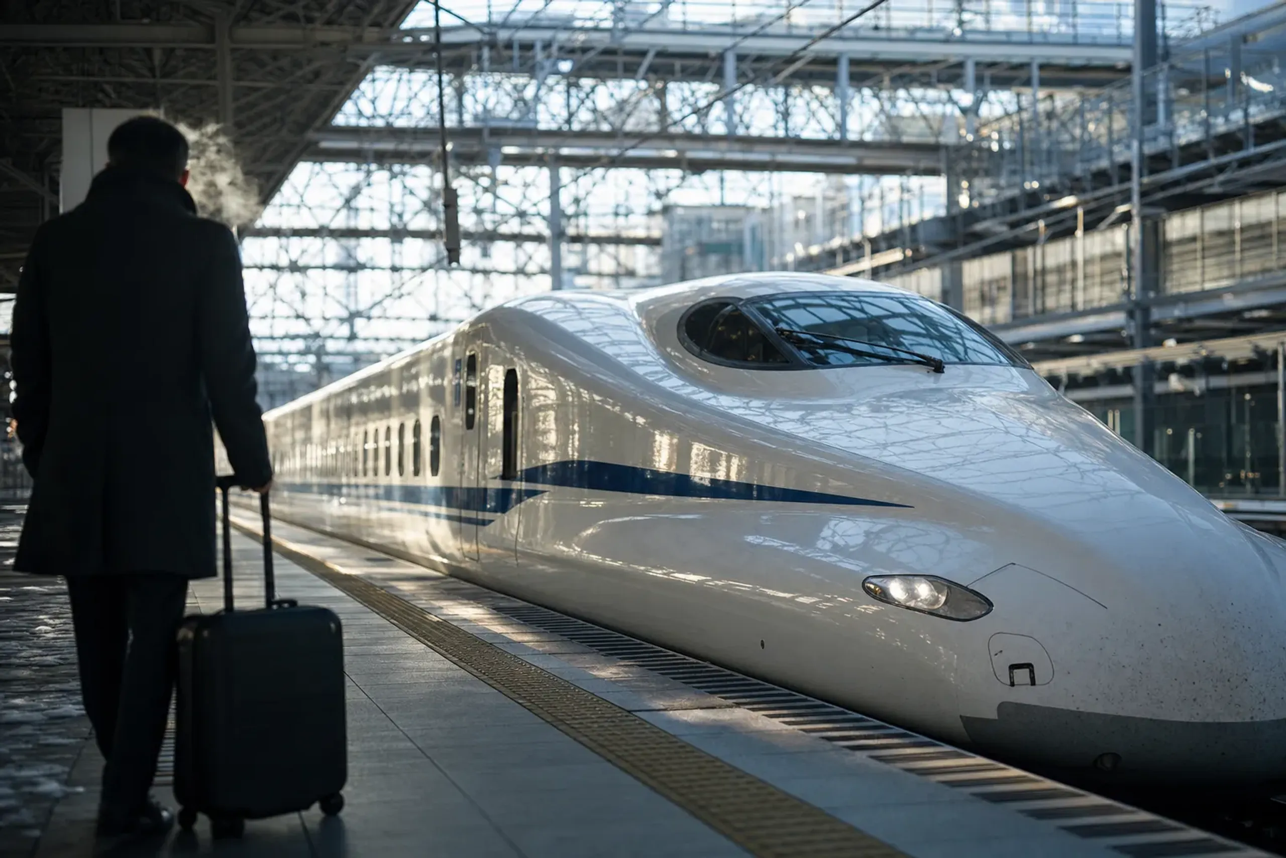 A Hikari Shinkansen train pulling into a platform at Kyoto Station, its white and blue livery reflecting the station's glass canopy