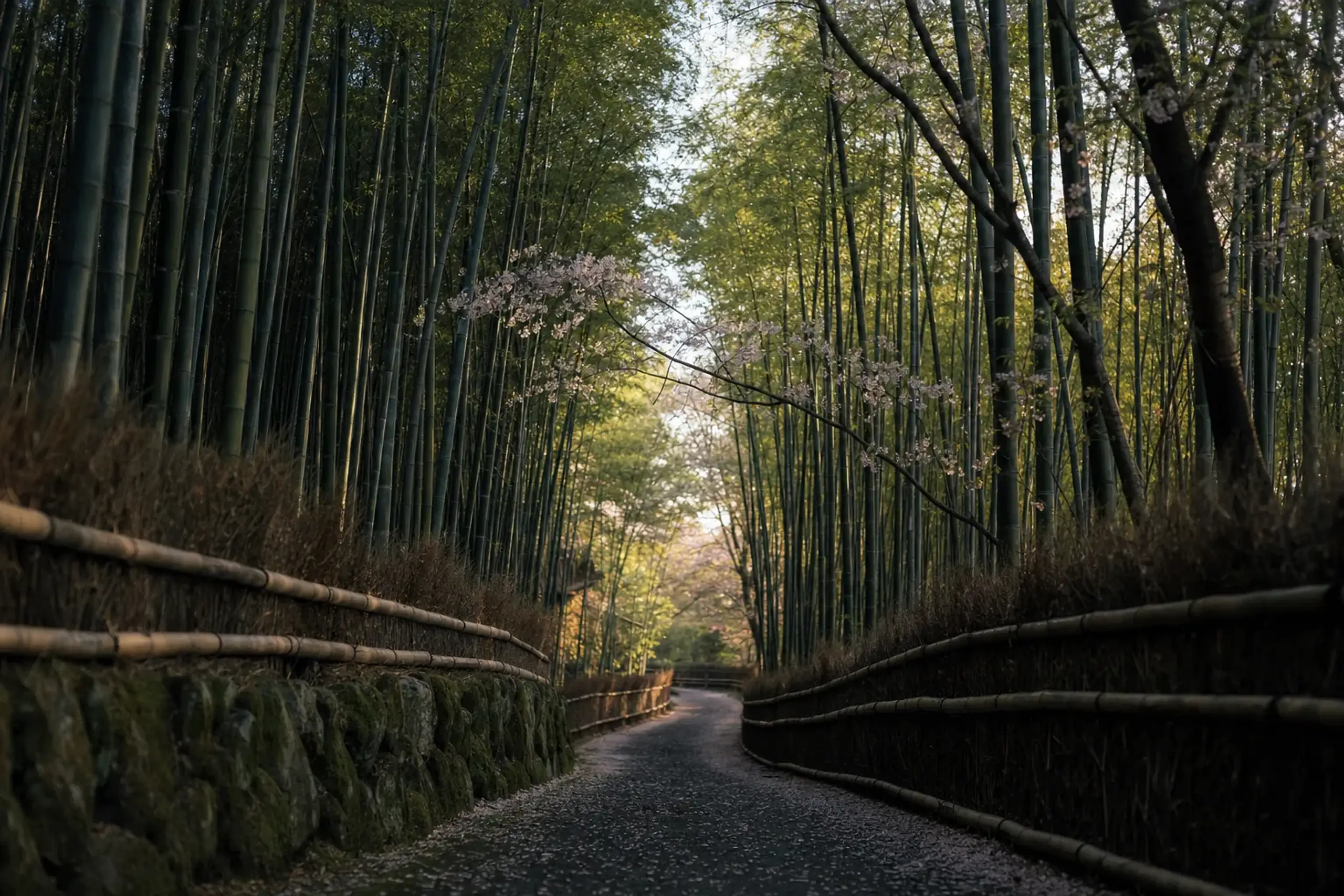 The bamboo grove pathway of Arashiyama in western Kyoto, tall green stalks arching over the walkway