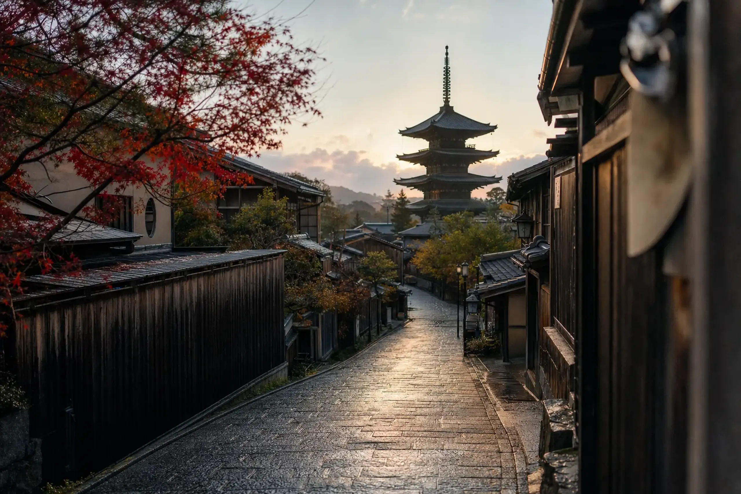 The stone-paved lanes of Kyoto's Higashiyama district at dawn, lined with traditional wooden machiya and the pagoda of Hokan-ji rising above the rooftops