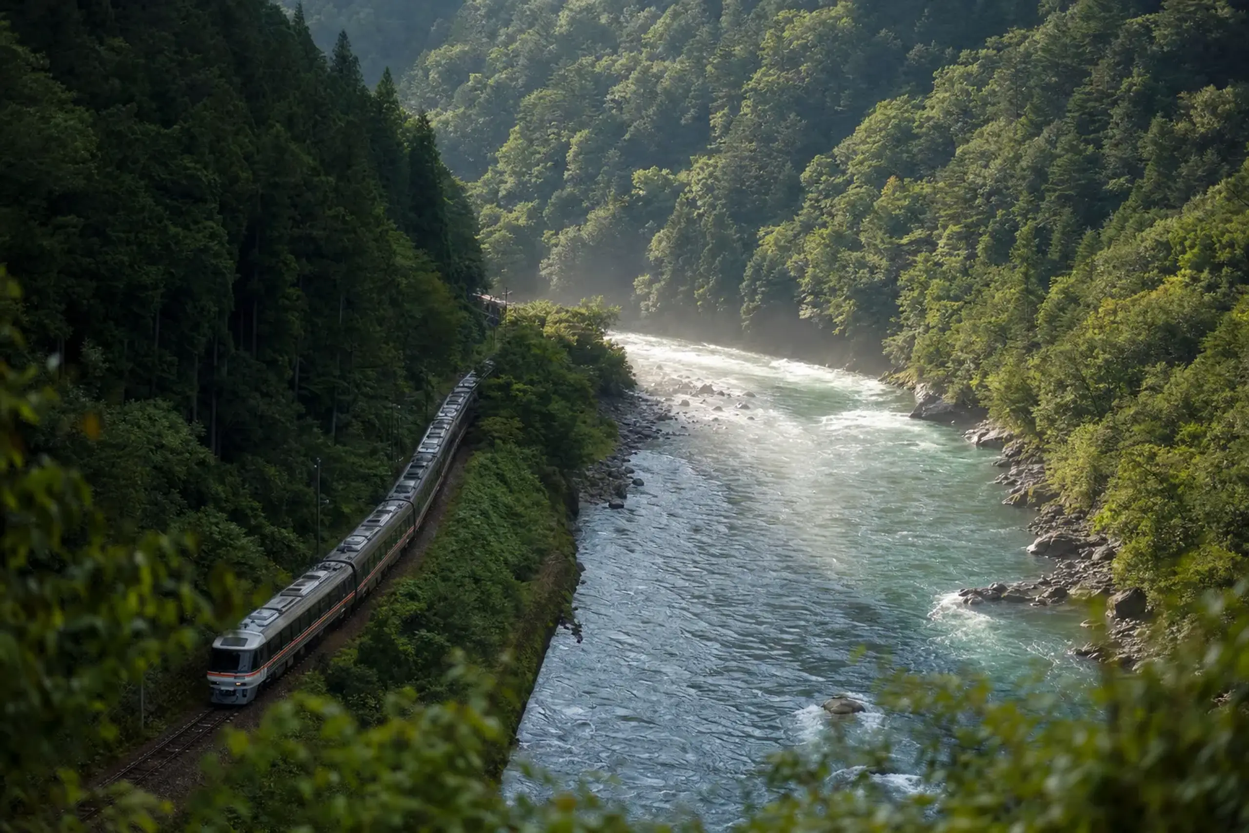 The Limited Express Hida train winding through the mountains toward Takayama along the Hida River valley