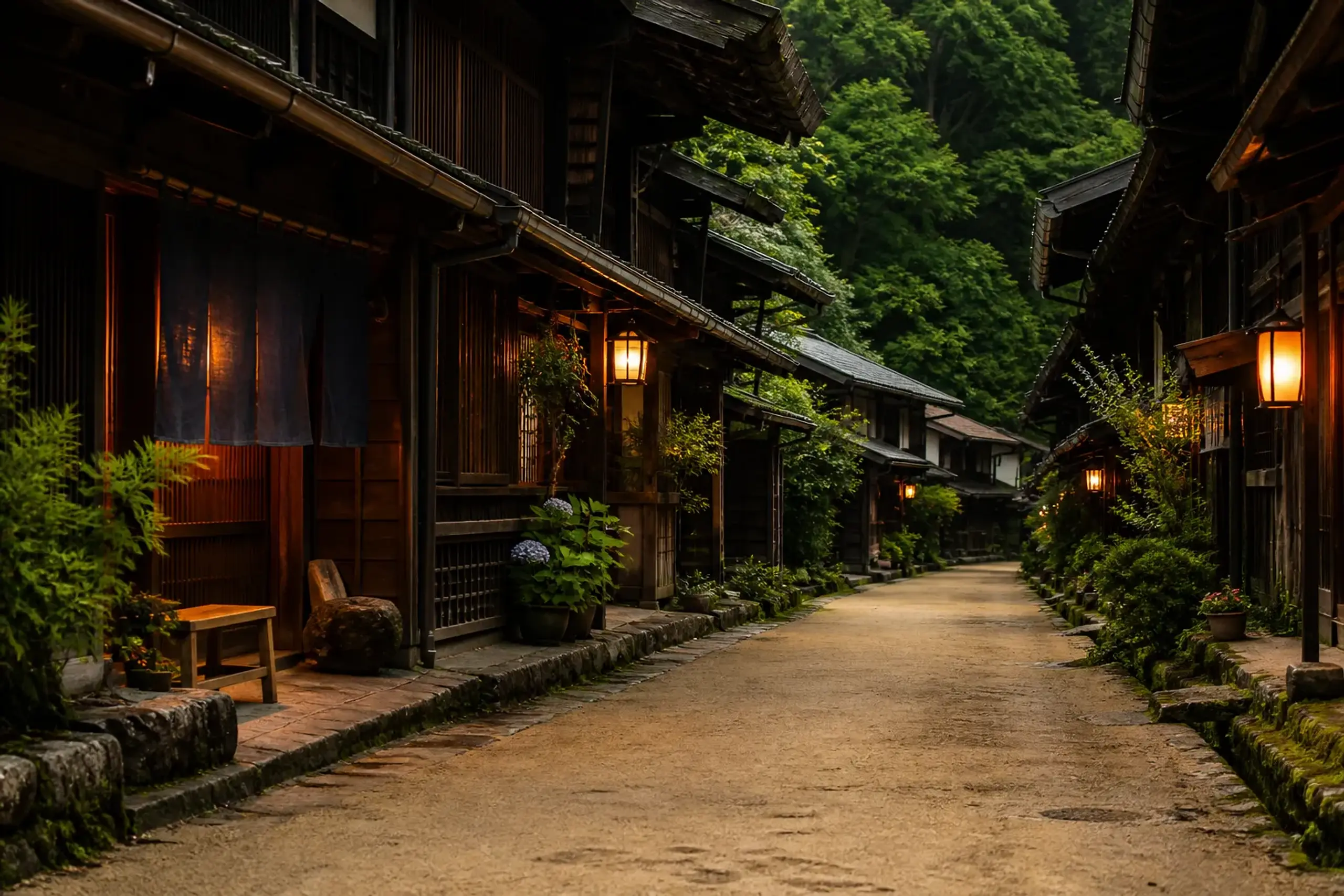 Preserved wooden buildings and traditional shopfronts along the main street in Tsumago-juku