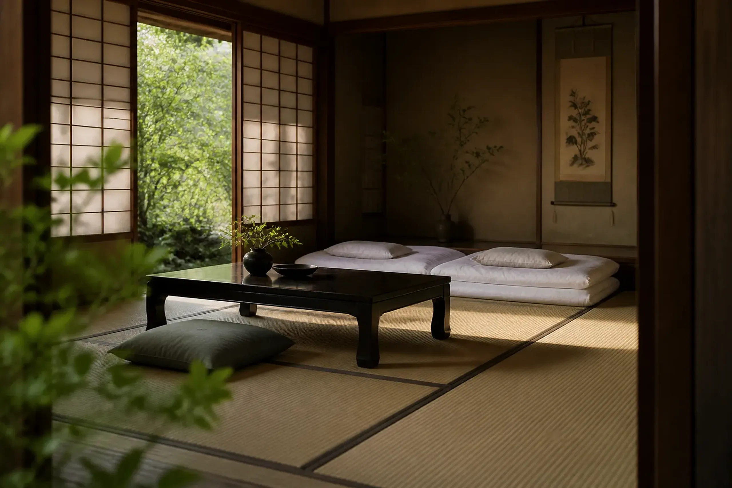 Simple tatami guest room with shoji screens and futon bedding in a traditional Japanese inn