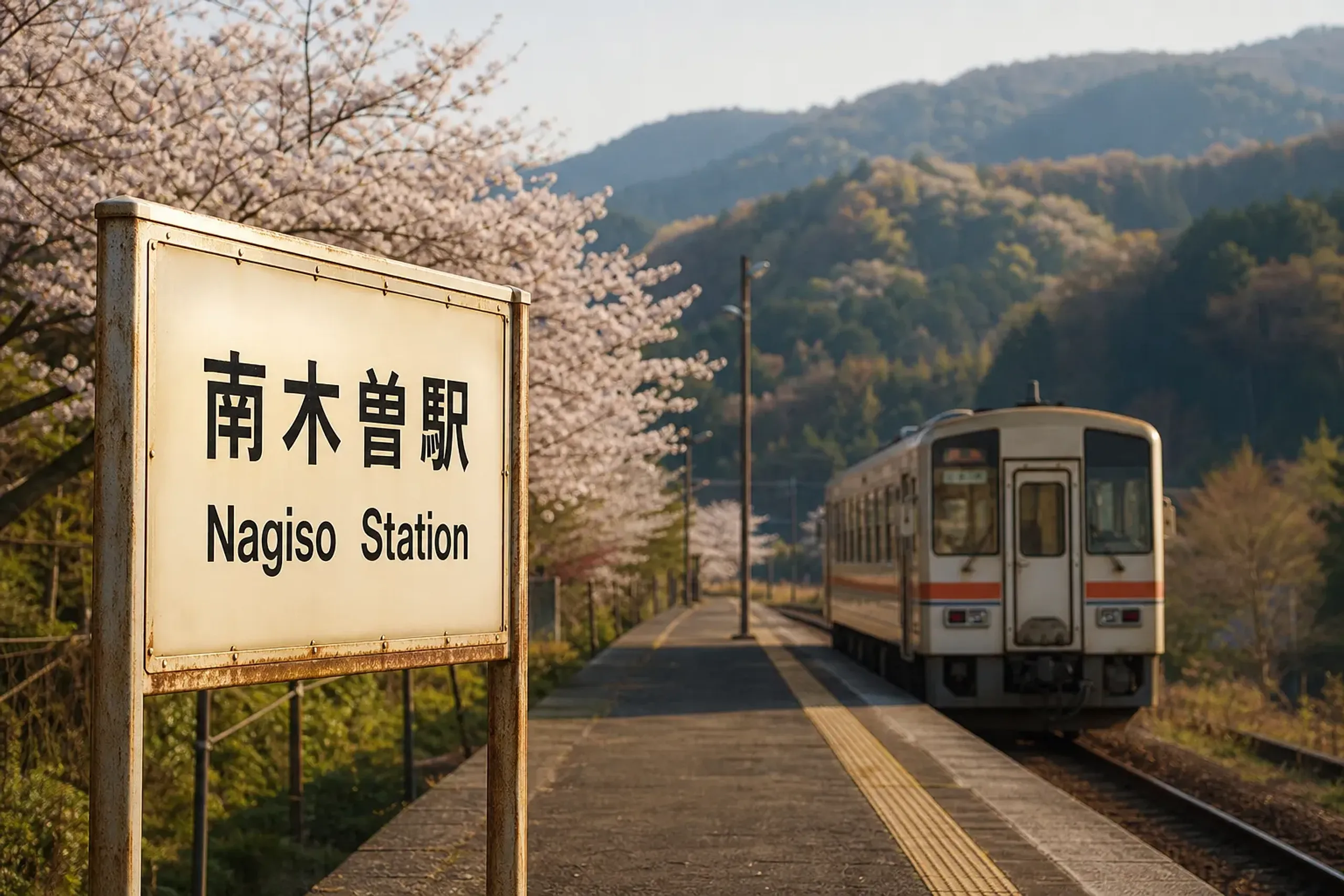 Nagiso Station platform sign with a local train, serving access to Tsumago and Magome in the Kiso Valley