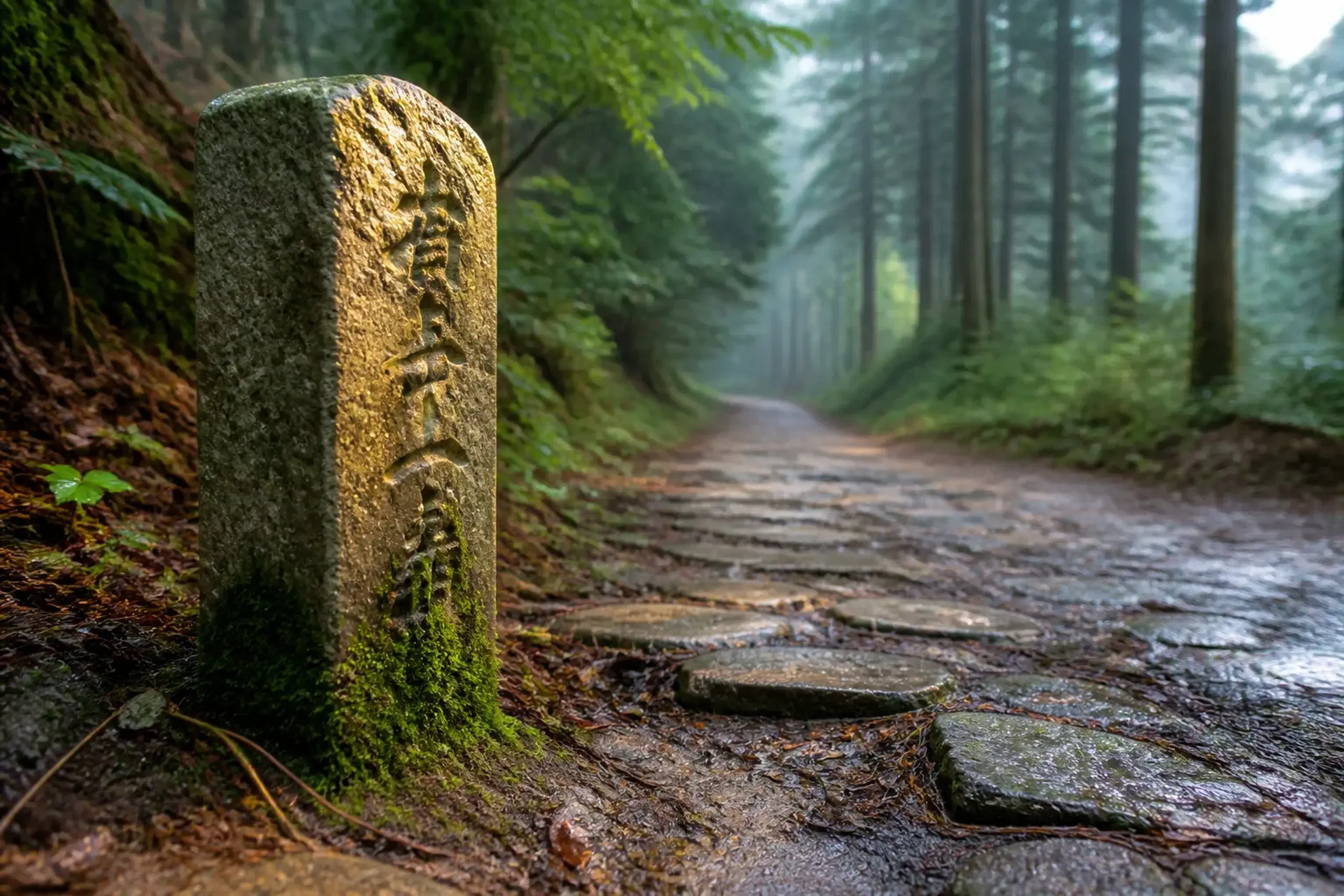 A close, ground-level photograph of a weathered Nakasendō stone milestone/wayside marker on the Kiso Valley route, set beside packed-earth road and worn stones, with moss creeping up its base and ceda