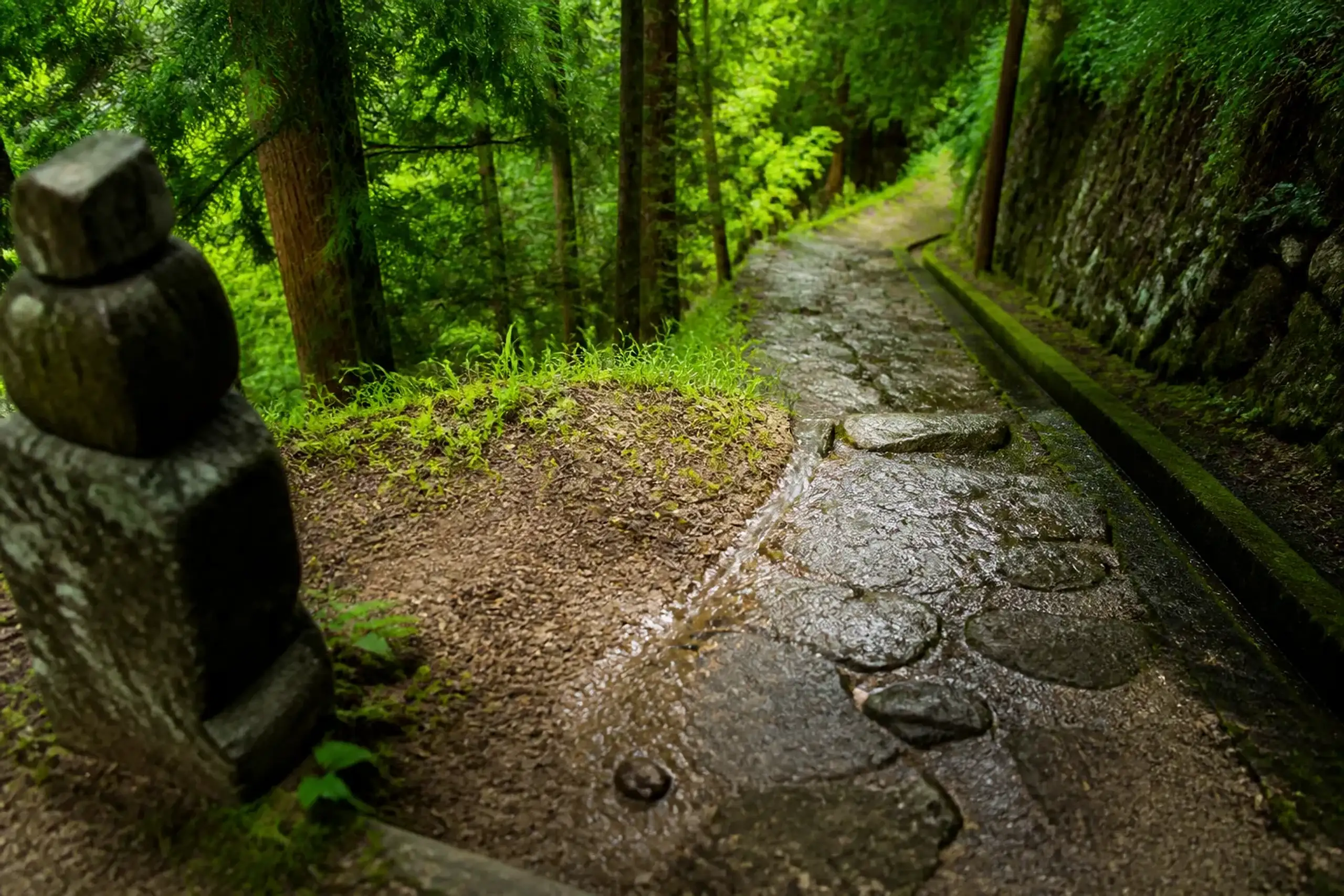 A mid-trail detail scene on the Magome–Tsumago forest path: the transition from packed earth to old stone steps under a dense cedar canopy, with a moss-dark gutter/channel carrying rainwater along a r