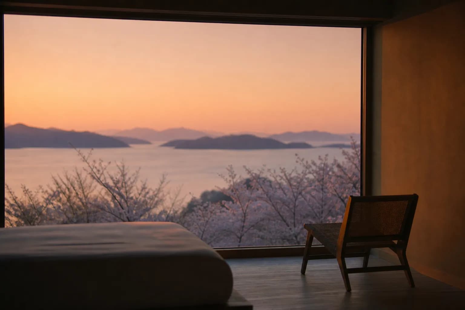A luxurious hotel room with floor-to-ceiling windows looking out over a calm sea and green mountains at sunset.