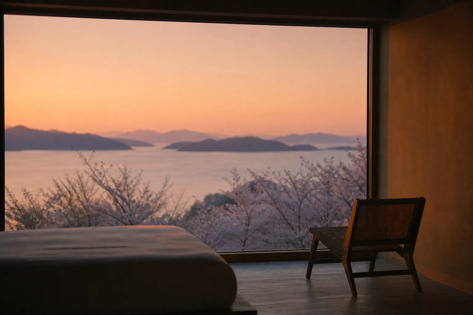 A luxurious hotel room with floor-to-ceiling windows looking out over a calm sea and green mountains at sunset.