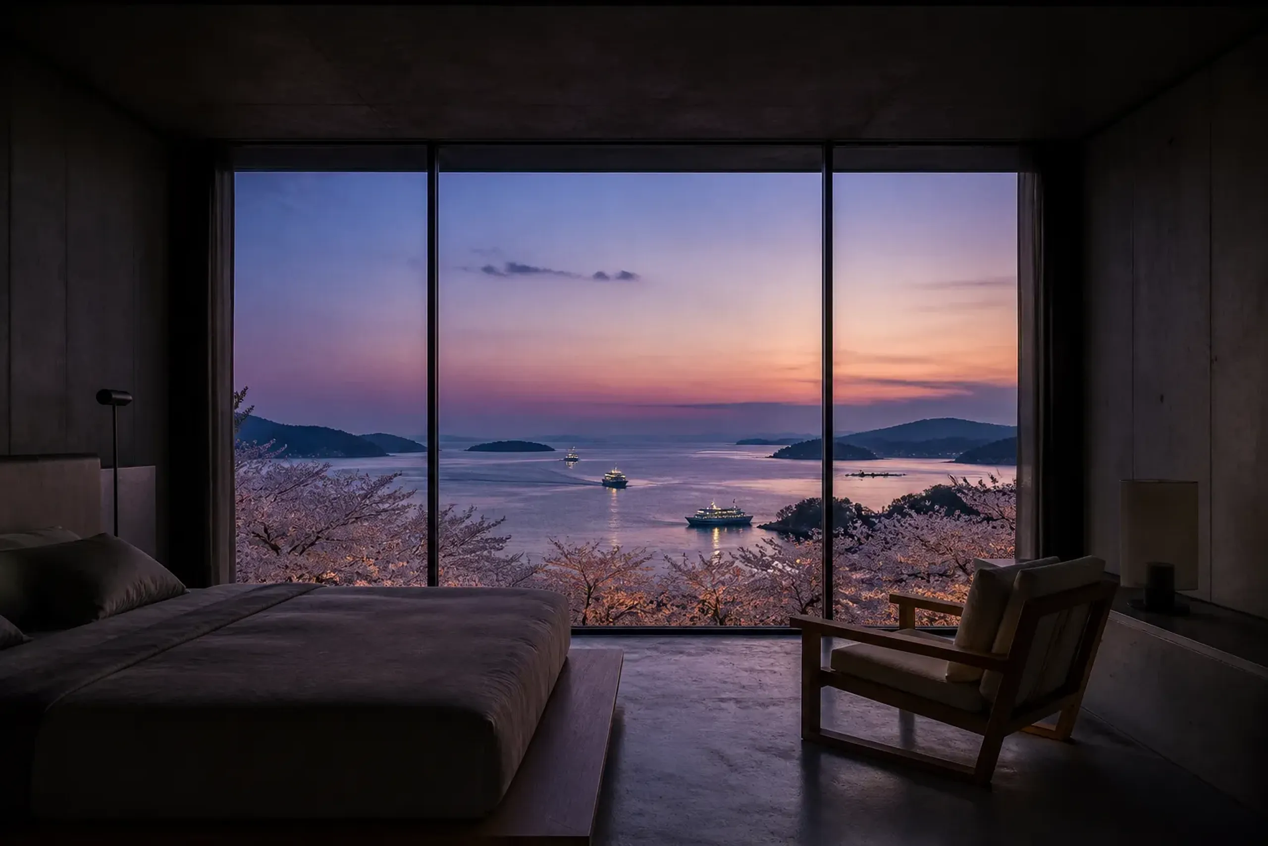 Luxury hotel room with large windows showing a harbor view at dusk