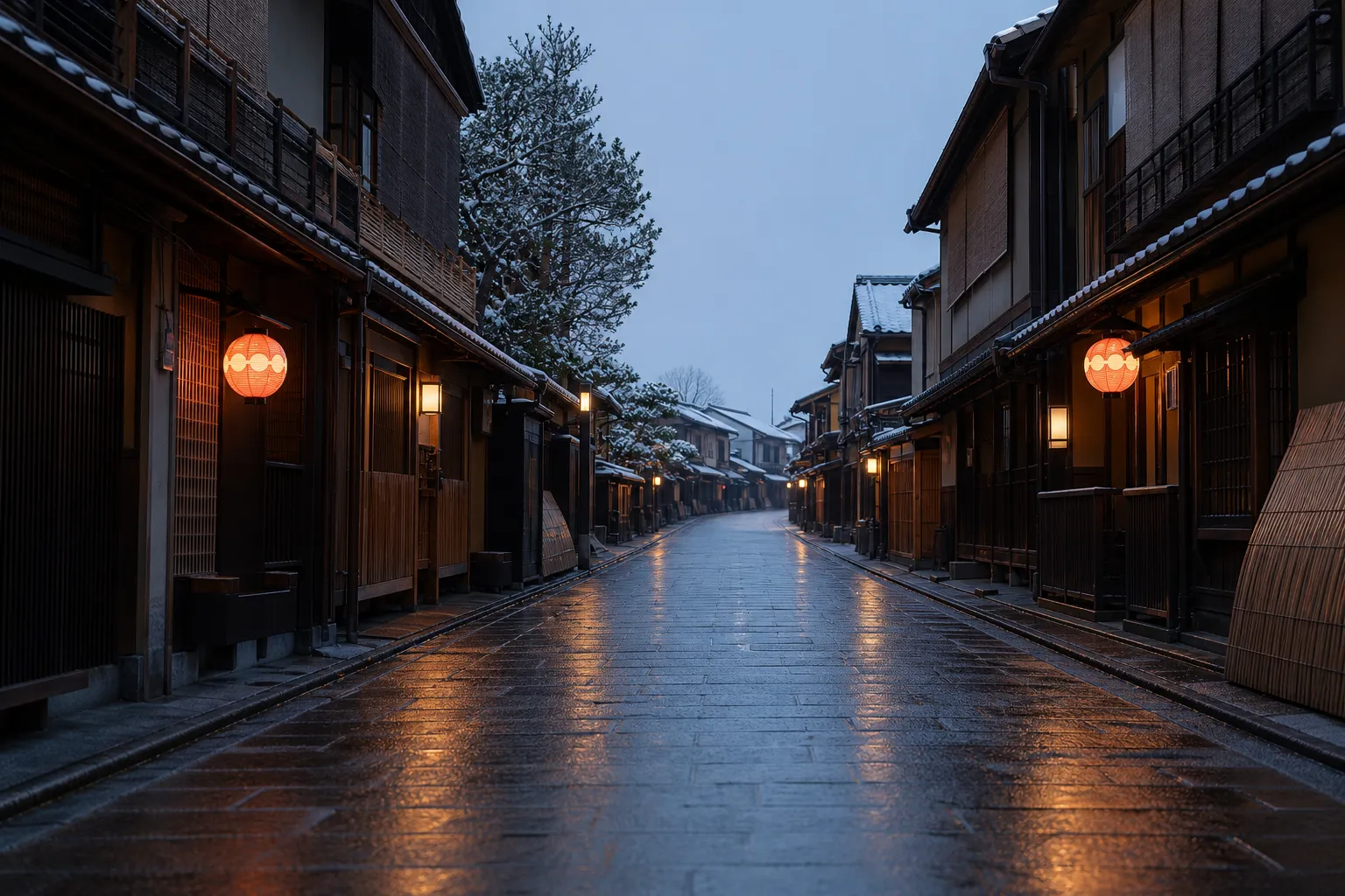 Quiet Kyoto Gion street at dawn with traditional wooden facades and lanterns