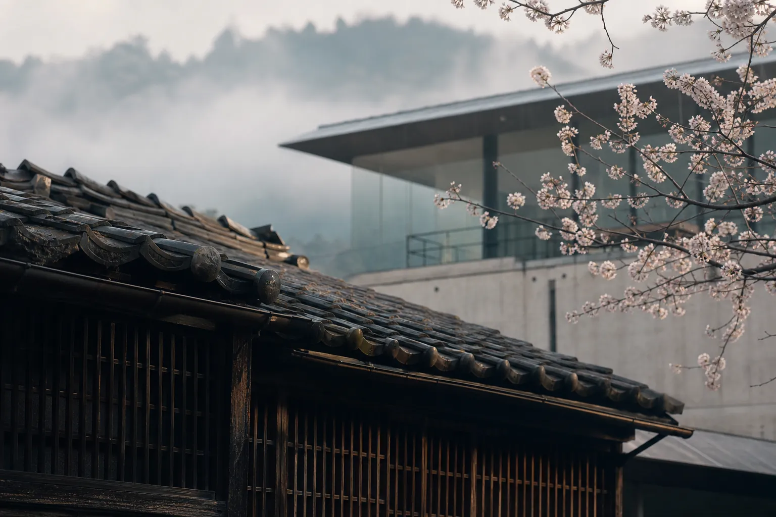 Traditional Kyoto roofline and wooden lattice with a modern building facade in the background