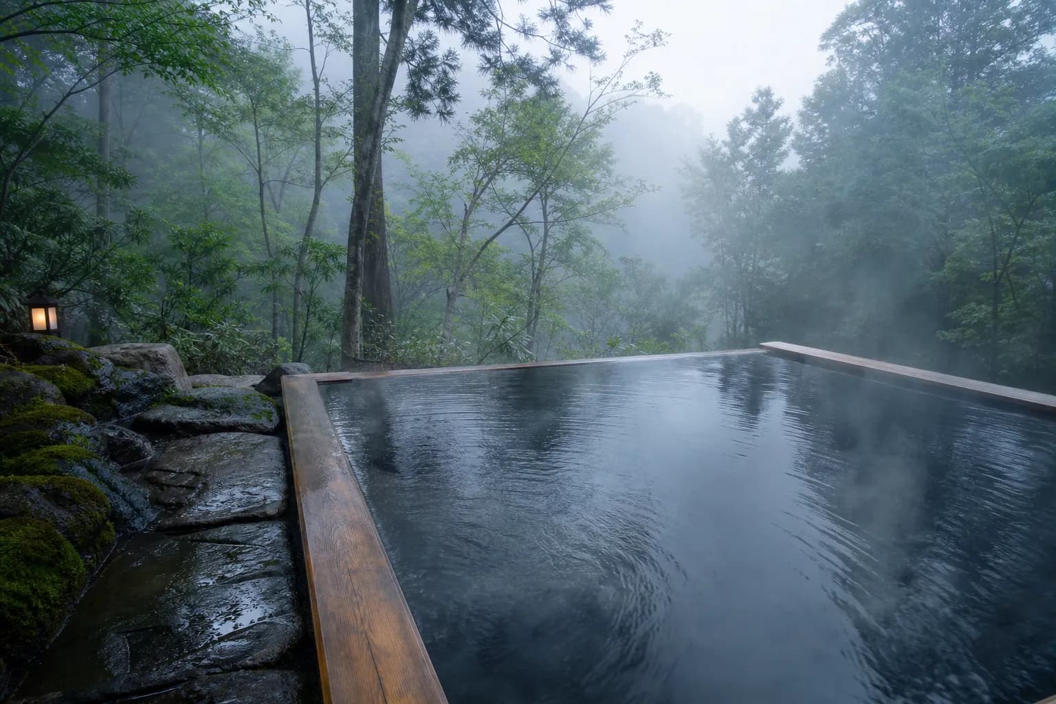 Steaming outdoor onsen bath in a wooded setting on a misty morning