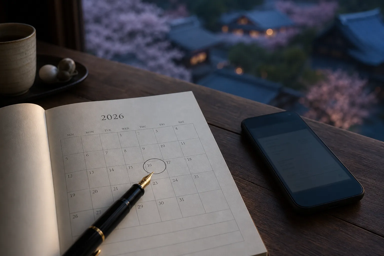 Calendar page and pen beside a smartphone on a desk in soft light