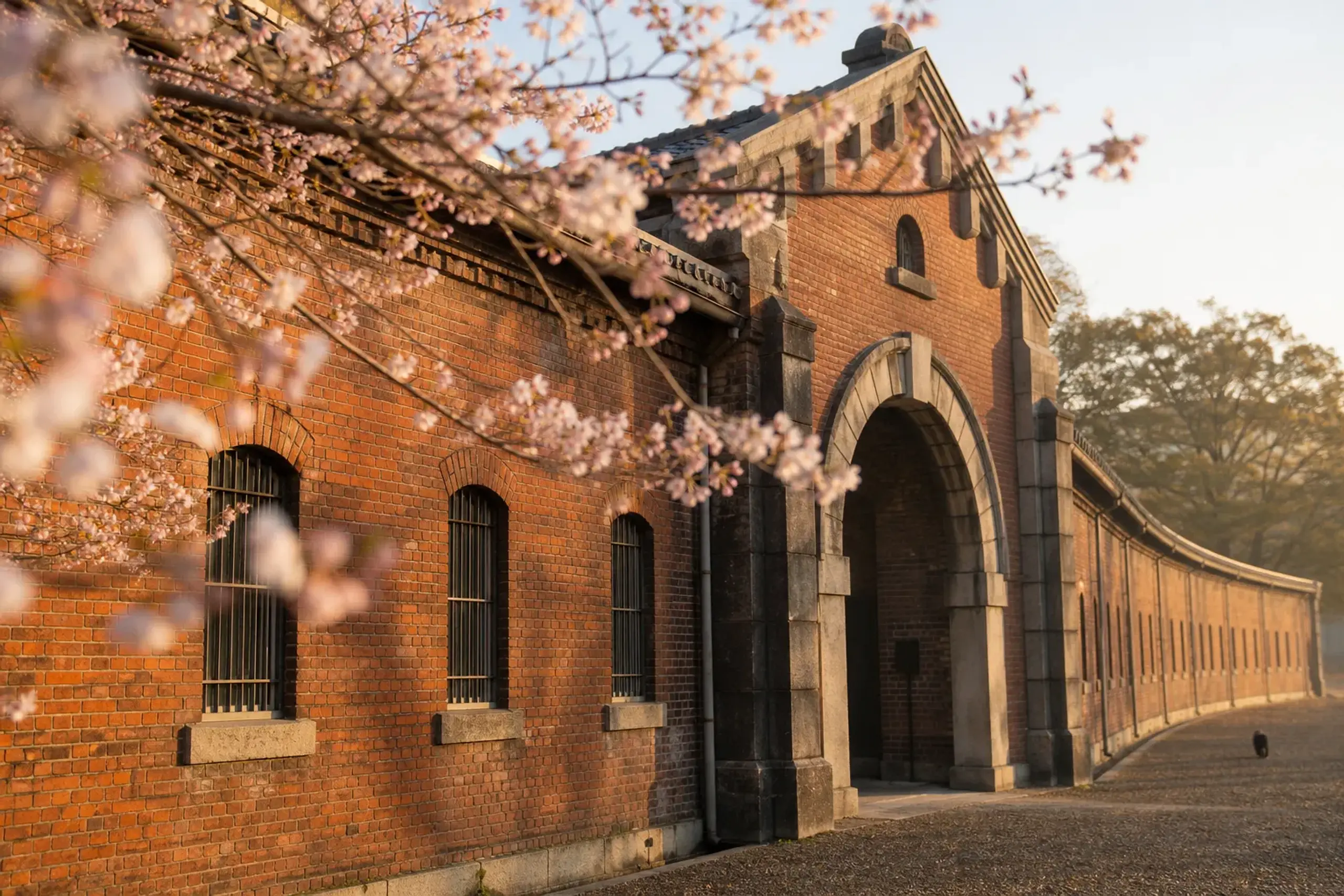 The preserved red-brick Meiji-era facade and cell-block wings of the former Nara Prison, the historic building being converted into HOSHINOYA Nara Prison