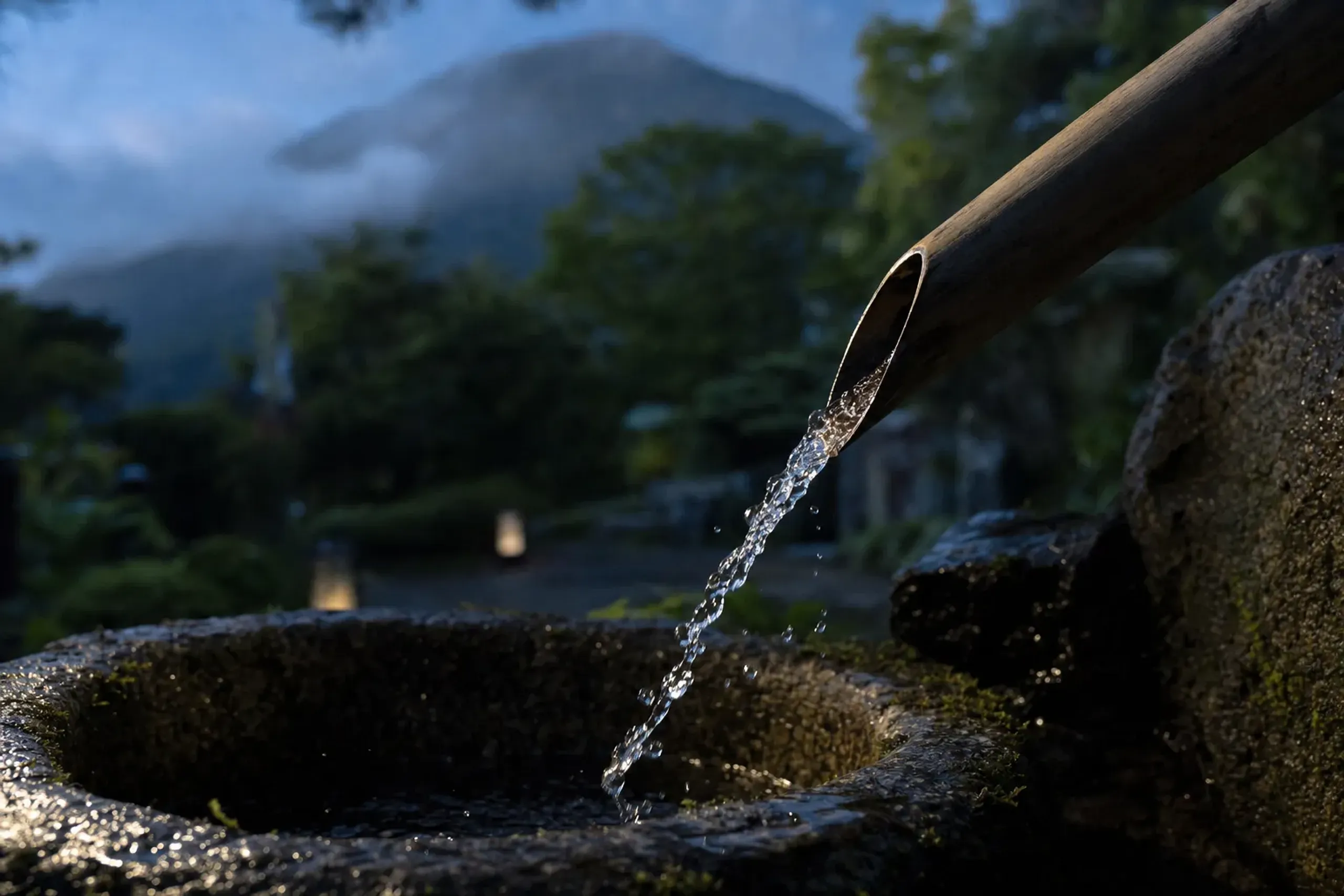 the hard, mineral-rich miyamizu spring water of Nishinomiya flowing from a traditional well, sourced from the Rokko mountains