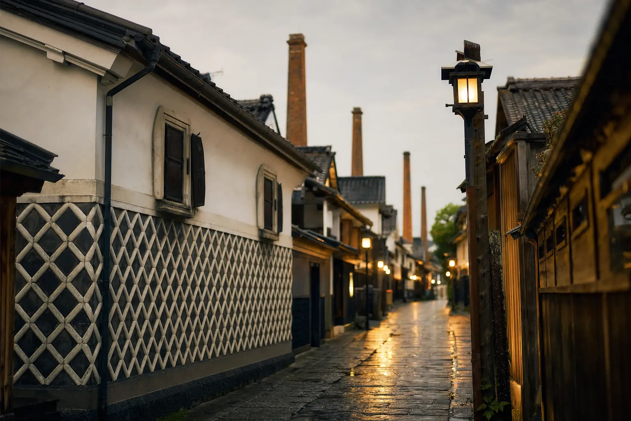 the row of tile-roofed sake warehouses with red-brick chimneys lining walkable Sakagura-dōri near JR Saijo Station