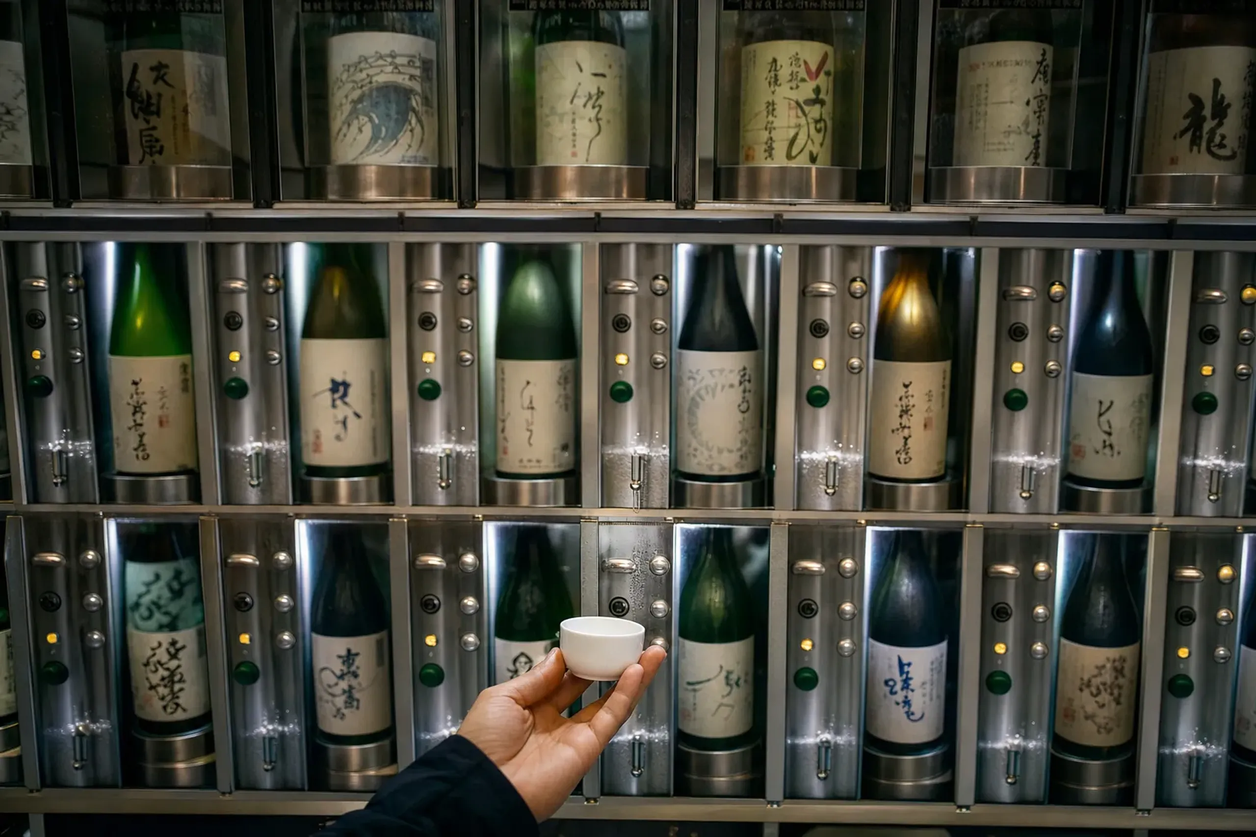 The wall of sake tasting dispensers at Ponshukan in Echigo-Yuzawa station, rows of labeled bottles with small tasting cups