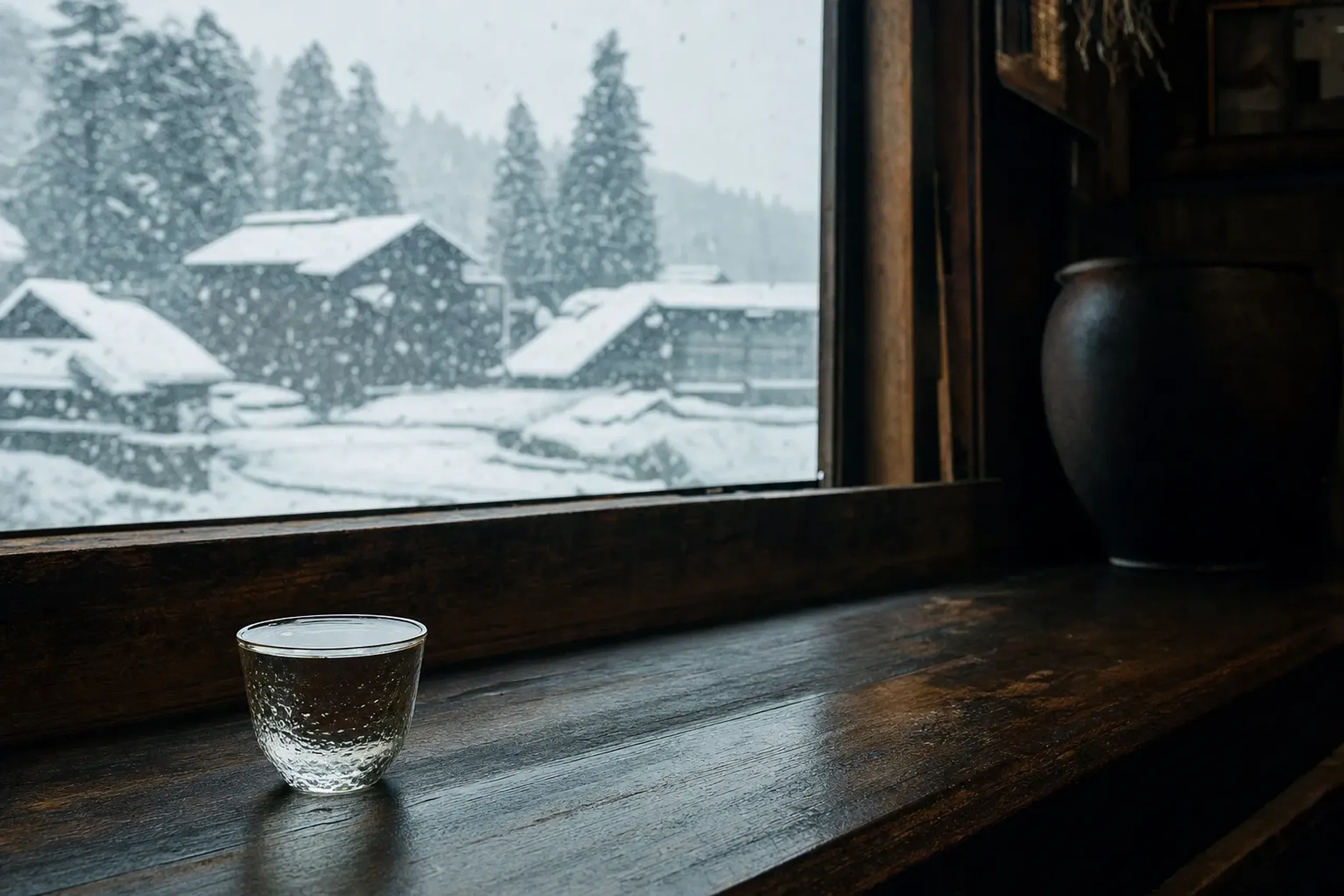 A single clear cup of Niigata sake set on dark wood, snow visible through a brewery window behind it