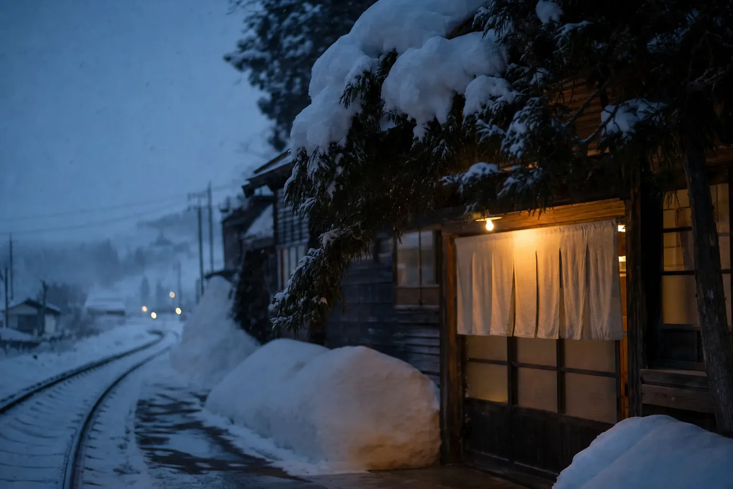 A snowbound rural rail line in Uonuma with cedar trees weighed down by heavy snow beside a shuttered brewery entrance
