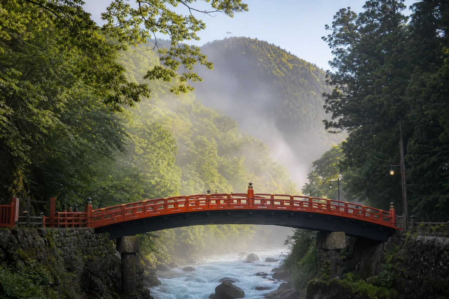 View at Shinkyo wooden bridge at Futarasan shrine in Nikko, Japan