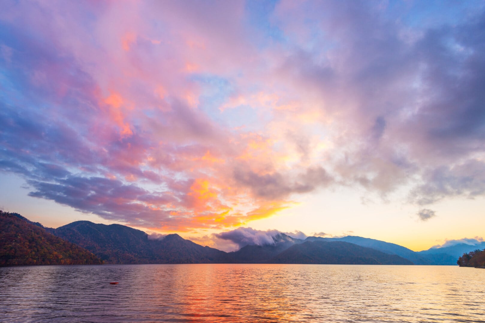 Lake Chuzenji in Nikko, Japan at sunset in autumn season.