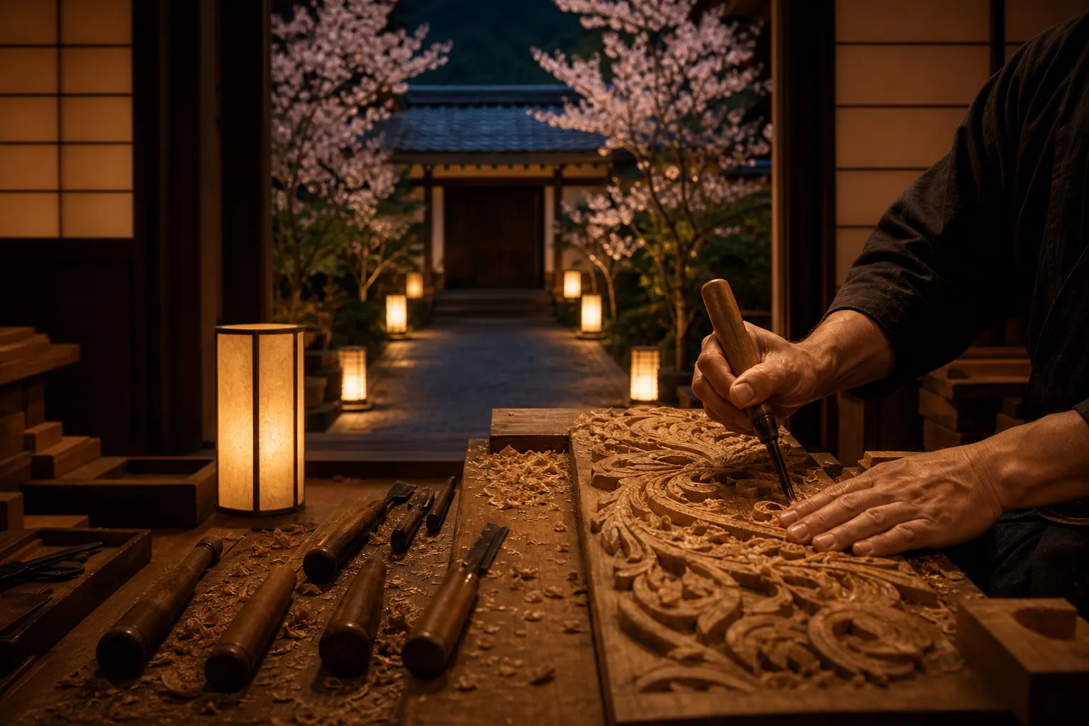 Artisan hands carving wood with chisels at a traditional workbench