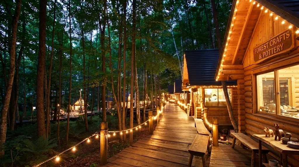 A wide-angle shot of elevated wooden walkways winding through a dense Hokkaido forest, demonstrating the eco-friendly design that protects the floor while providing a unique perspective for visitors.