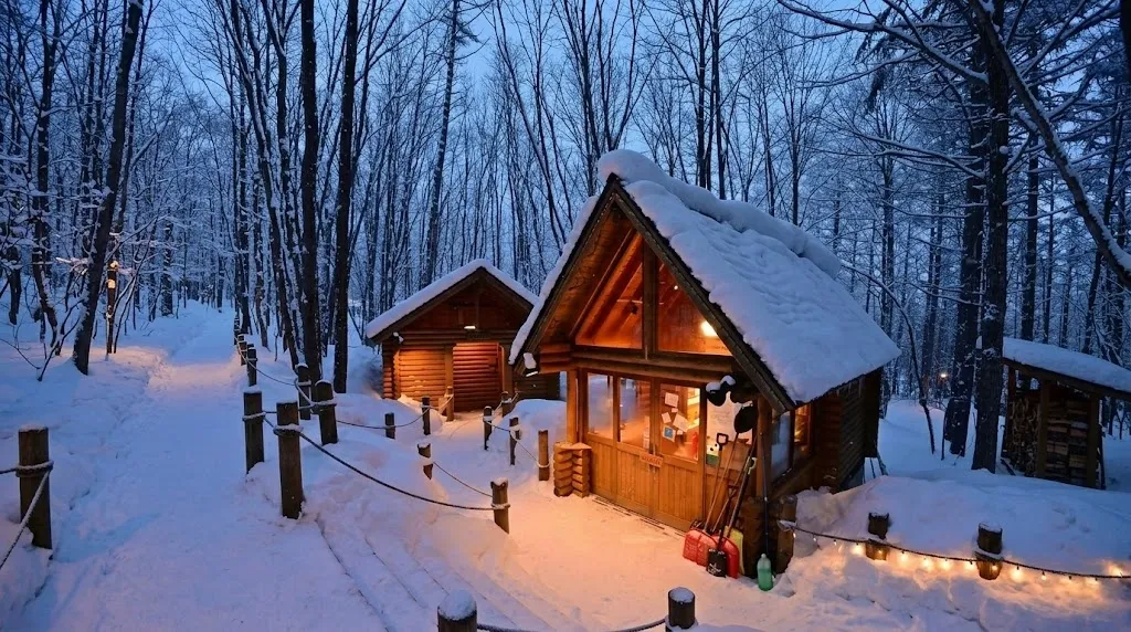 A wide twilight shot of Ningle Terrace in Furano, Japan, featuring snow-capped log cabins and illuminated wooden walkways set against a deep blue evening sky in the Hokkaido winter.