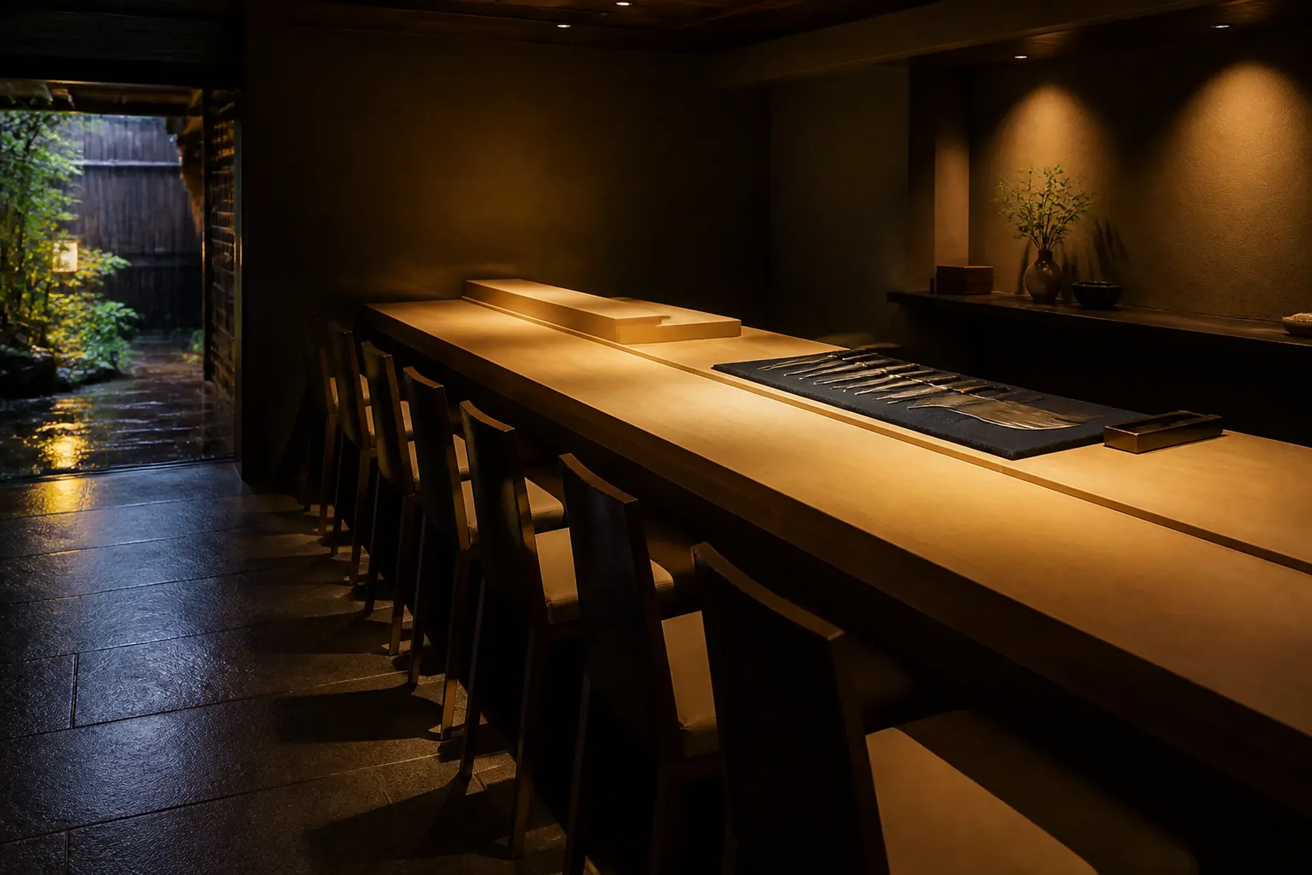An empty eight-seat wooden counter at a small Tokyo restaurant with soft lighting