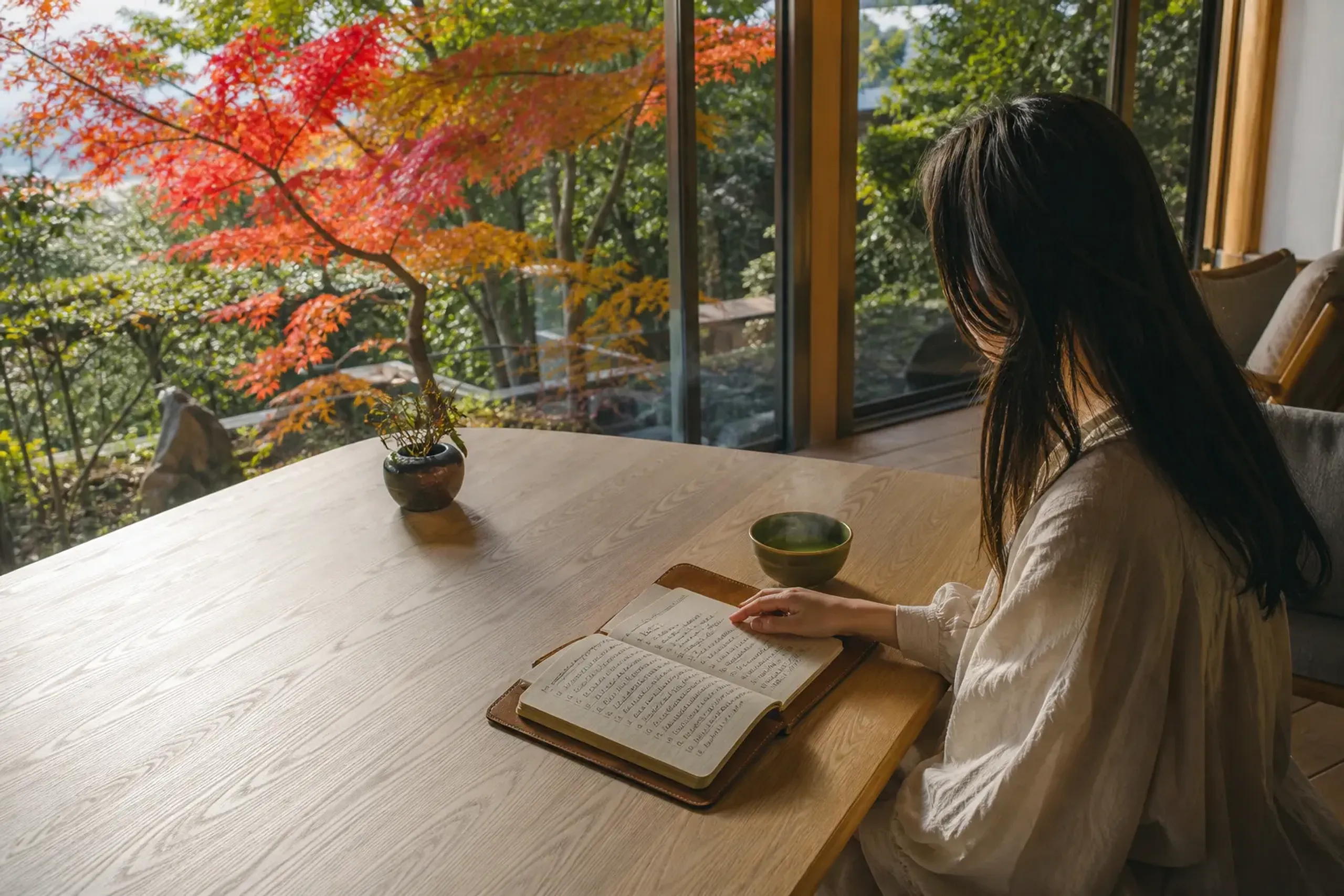 A traveller reviewing a Tokyo itinerary with matcha at a quiet hotel lounge