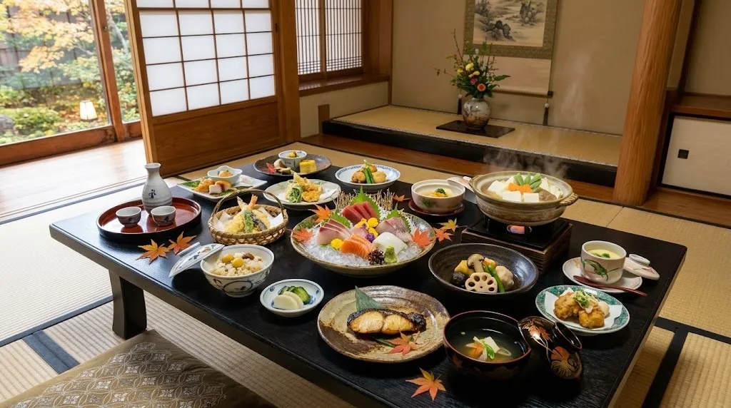 A comprehensive and colorful multi-course Japanese Kaiseki meal is elegantly served on traditional lacquerware, showcasing the seasonal bounty of Hokkaido's fertile lands and cold coastal waters in a private ryokan.