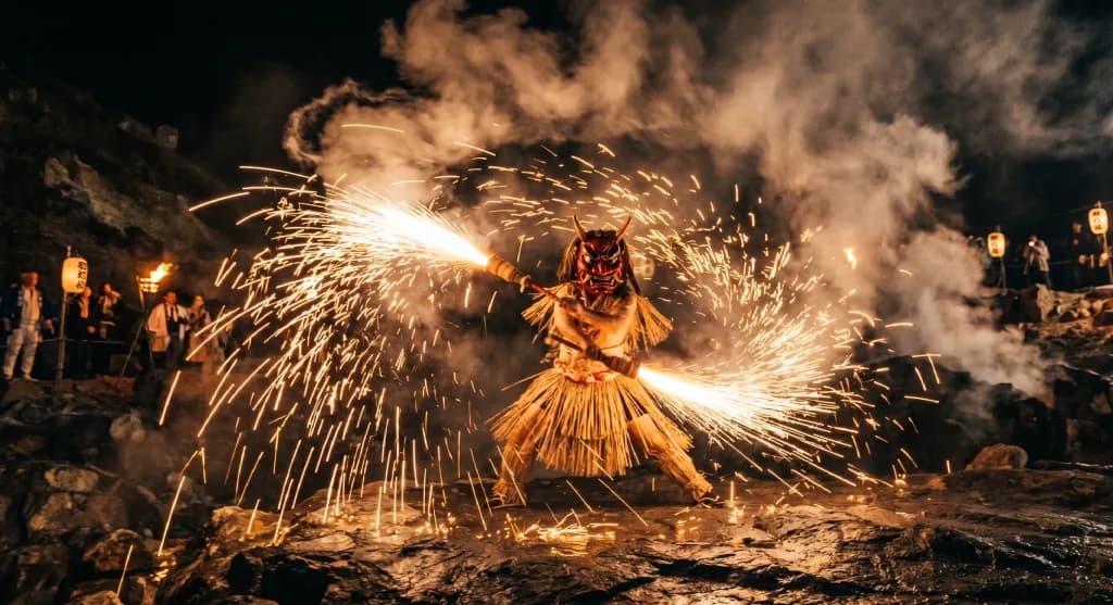Performers dressed as red and blue ogres dance amidst exploding fireworks and rising steam during the traditional Noboribetsu Hell Festival celebration held annually.