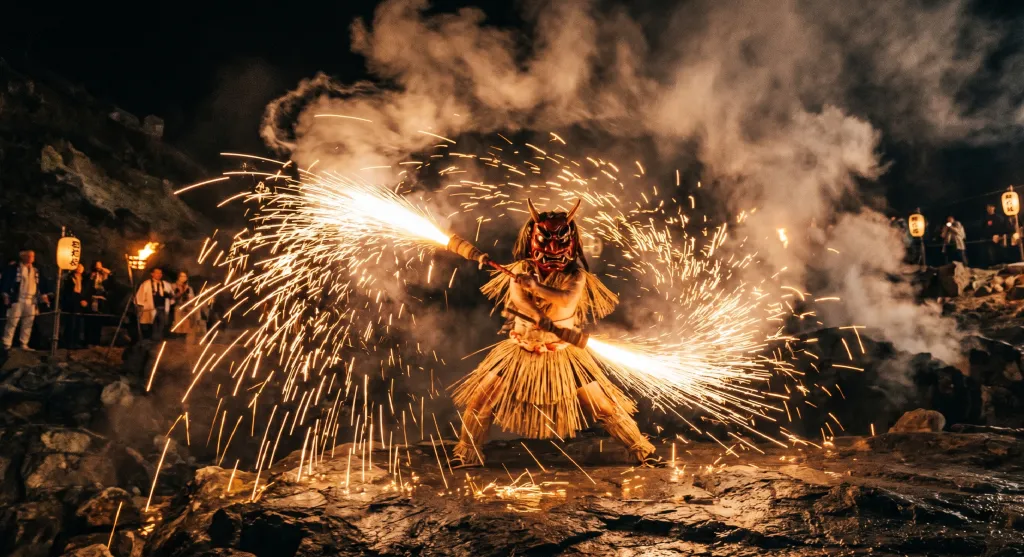 Performers dressed as red and blue ogres dance amidst exploding fireworks and rising steam during the traditional Noboribetsu Hell Festival celebration held annually.
