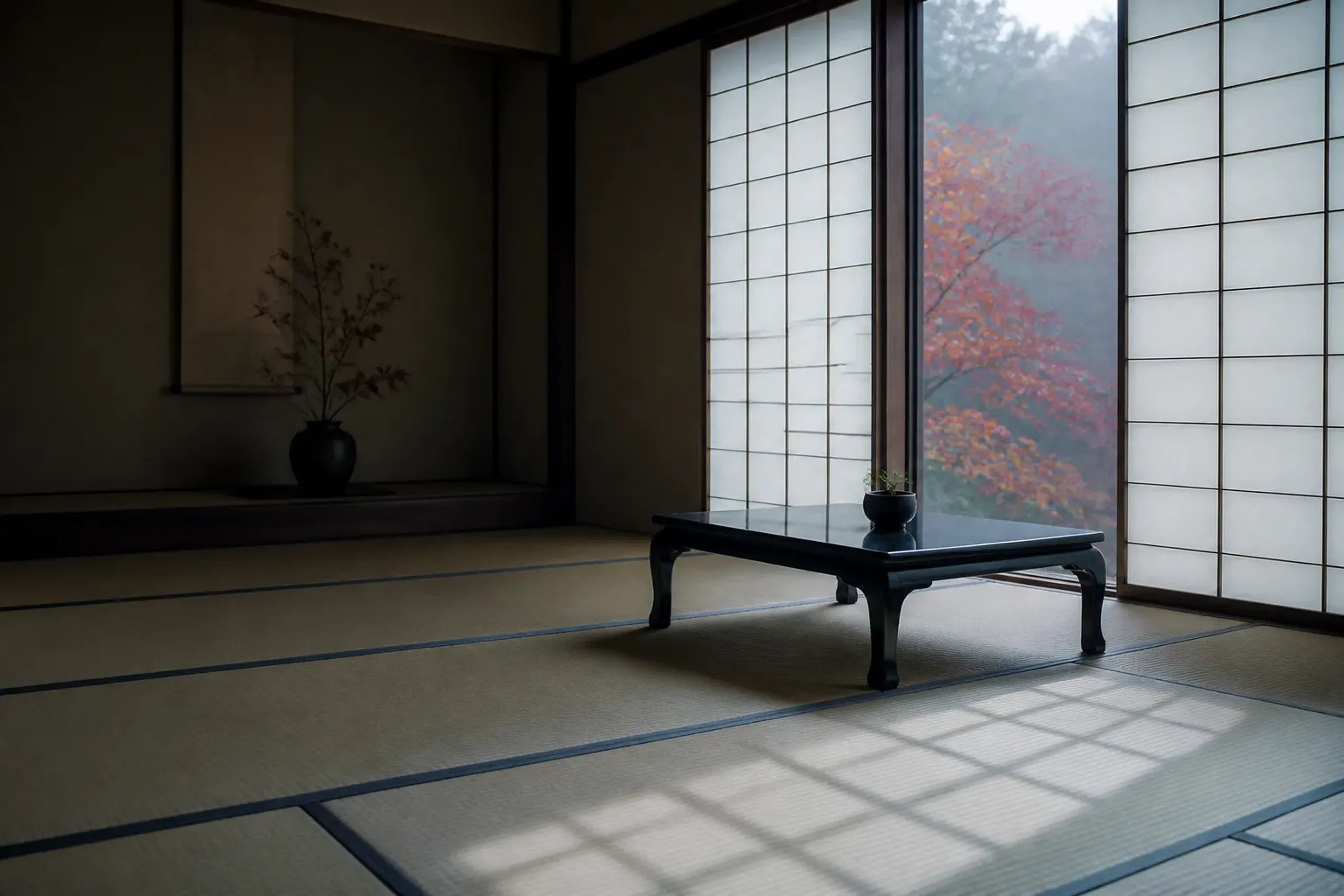 Traditional tatami temple lodging room in a Koyasan shukubo with shoji screens and soft daylight