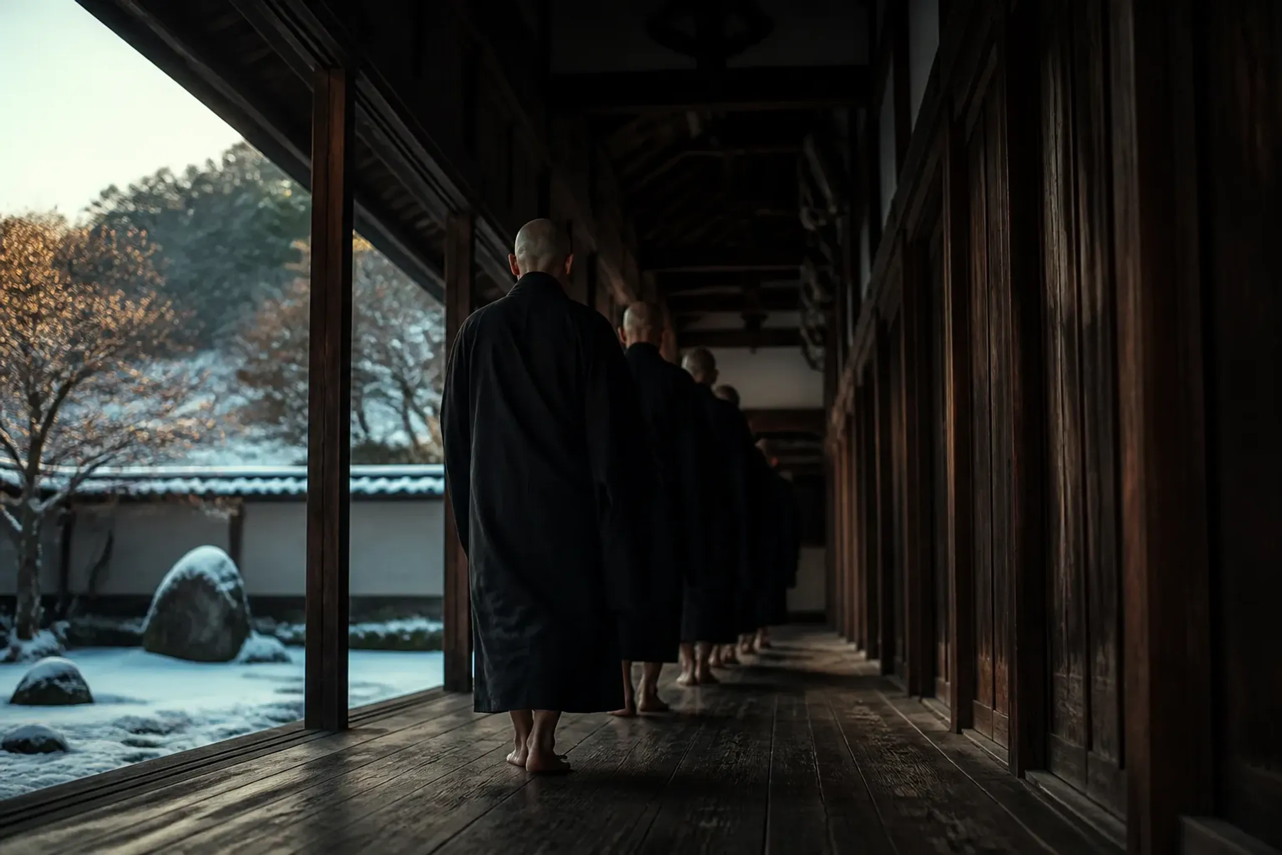 Buddhist monks in robes walking a wooden temple corridor at dawn in a Japanese monastery