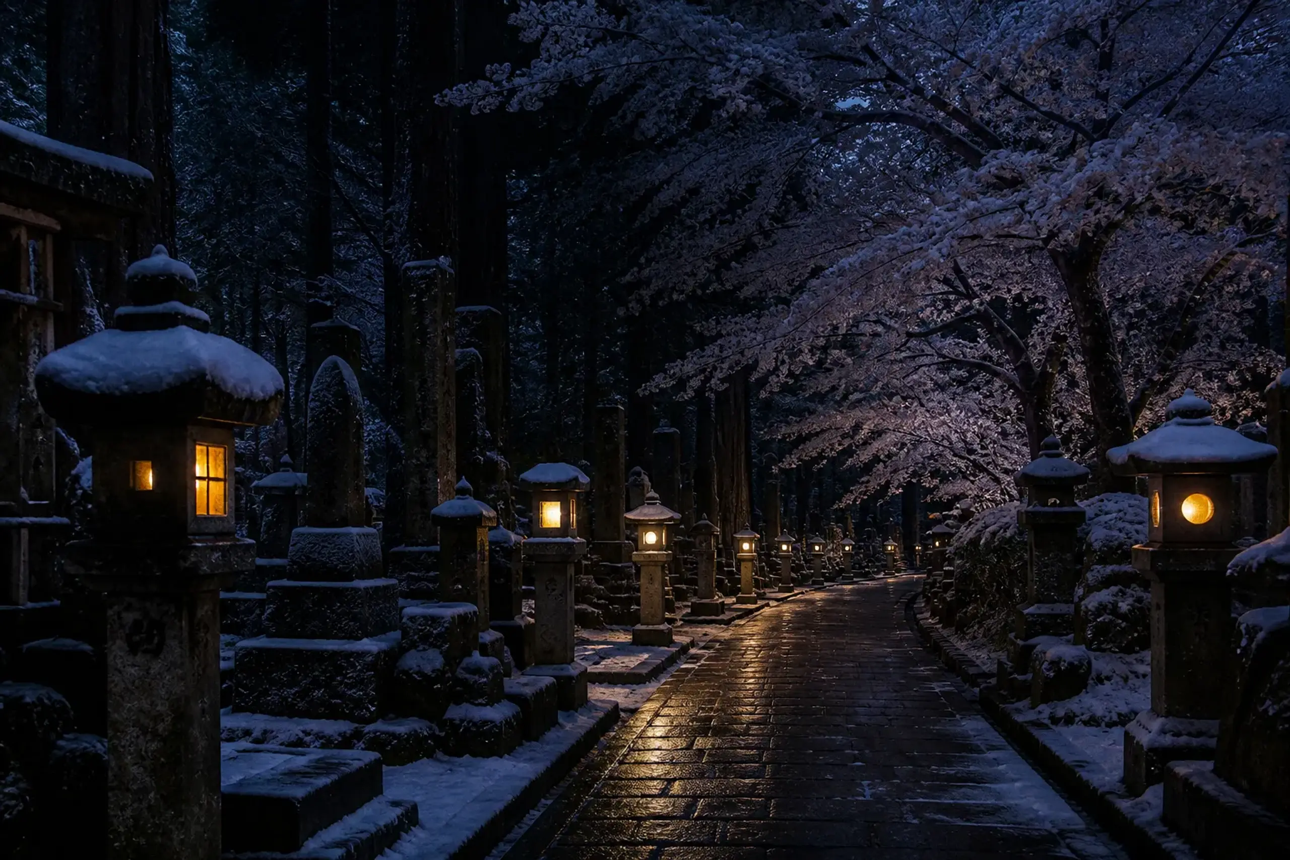 Stone lanterns glowing in the snow-covered Okunoin cemetery at Mount Koya at night among cedar trees